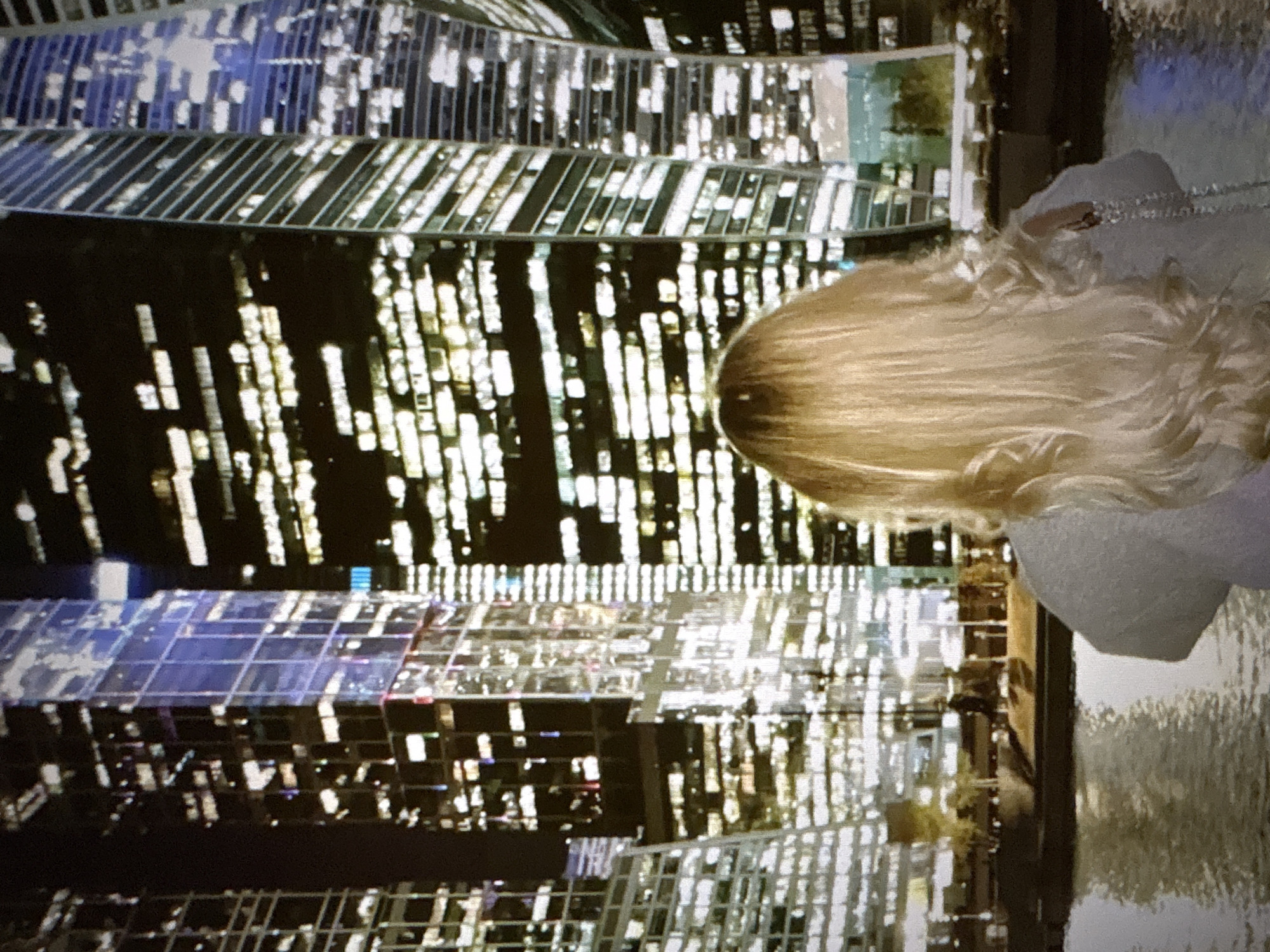 A woman with long blonde hair is standing with her back to the camera, facing a cityscape of illuminated skyscrapers at night. The buildings are modern and reflect the light from their windows. In the foreground, there is a body of water, possibly a river or bay, with ripples on the surface. The woman is wearing a light-colored top and carrying a bag with a silver strap. The scene appears to be an urban setting at night, with the city lights creating a vibrant and atmospheric backdrop. The image does not depict Pori, Finland.