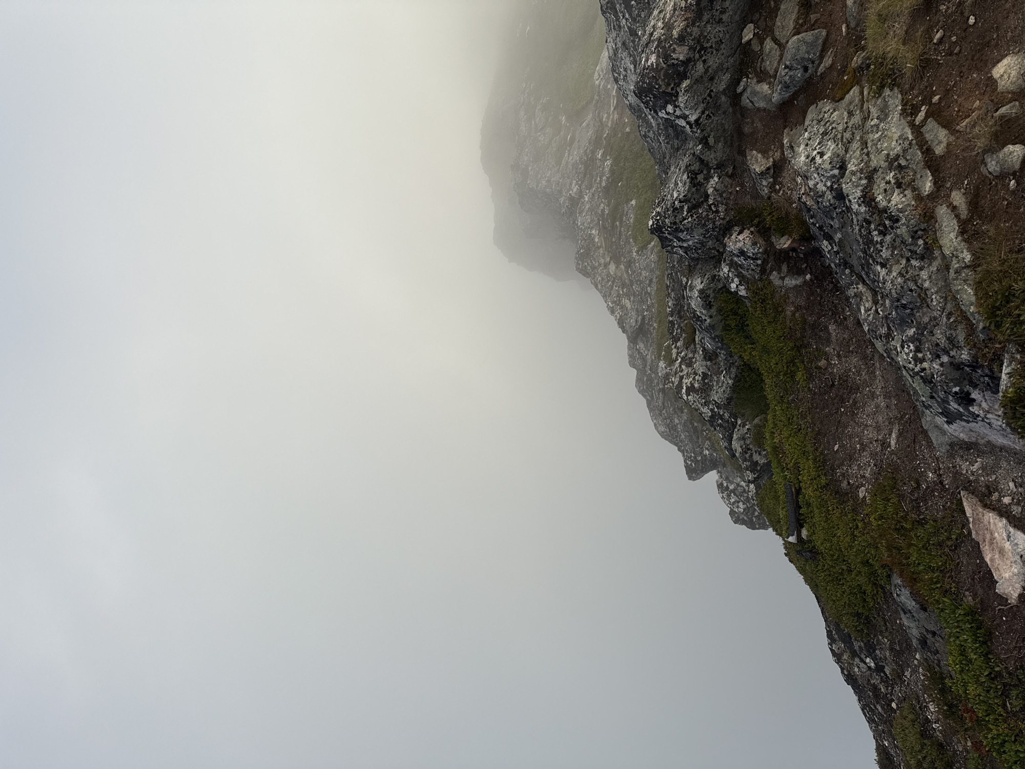 The image depicts a rocky, mountainous terrain covered in low-lying green vegetation, appearing to be on the side of a mountain. The scene is obscured by heavy fog, limiting visibility of distant features. The foreground shows a path winding through rocks and sparse green growth. In the midground, a distinct rock formation juts out, partially enveloped by the fog. The sky is overcast and blends seamlessly with the fog.
The location is identified as the Keipen mountain in Harstad, Norway. This specific viewpoint appears to be from a hiking trail, offering a dramatic and atmospheric landscape.
