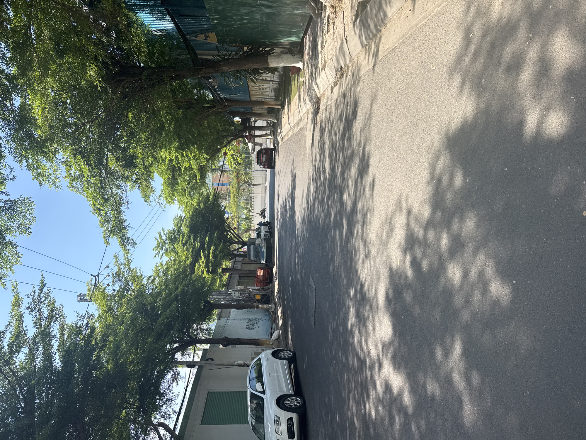The image depicts a street scene in Bac Nha Trang Ward, Vietnam, on a sunny day. The street is paved and lined with trees casting shadows on the asphalt. A white SUV is parked on the left side of the street in front of a white building with green shutters. Further down the street, other vehicles, including a dark-colored car and a utility truck, are visible. The environment suggests a residential or commercial area with buildings on both sides of the road. Power lines are strung across the sky, and there are some signs and a fence visible in the background. The overall atmosphere is calm and ordinary.