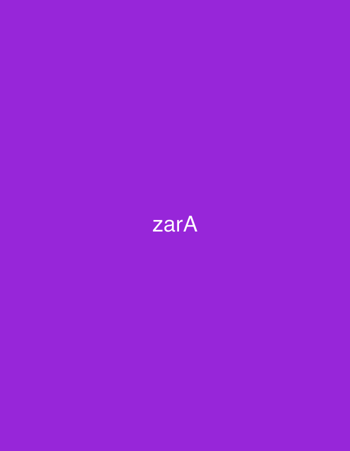 The image displays a uniform, vibrant purple background. Centrally positioned on this background is the word "zarA" rendered in white, sans-serif typeface. The text uses a combination of lowercase ('z', 'a', 'r') and uppercase ('A') letters. No other objects, figures, or discernible environmental details are present in the image. There are no visual cues within the image to indicate a specific geographic location, including the city of Casablanca, Morocco.