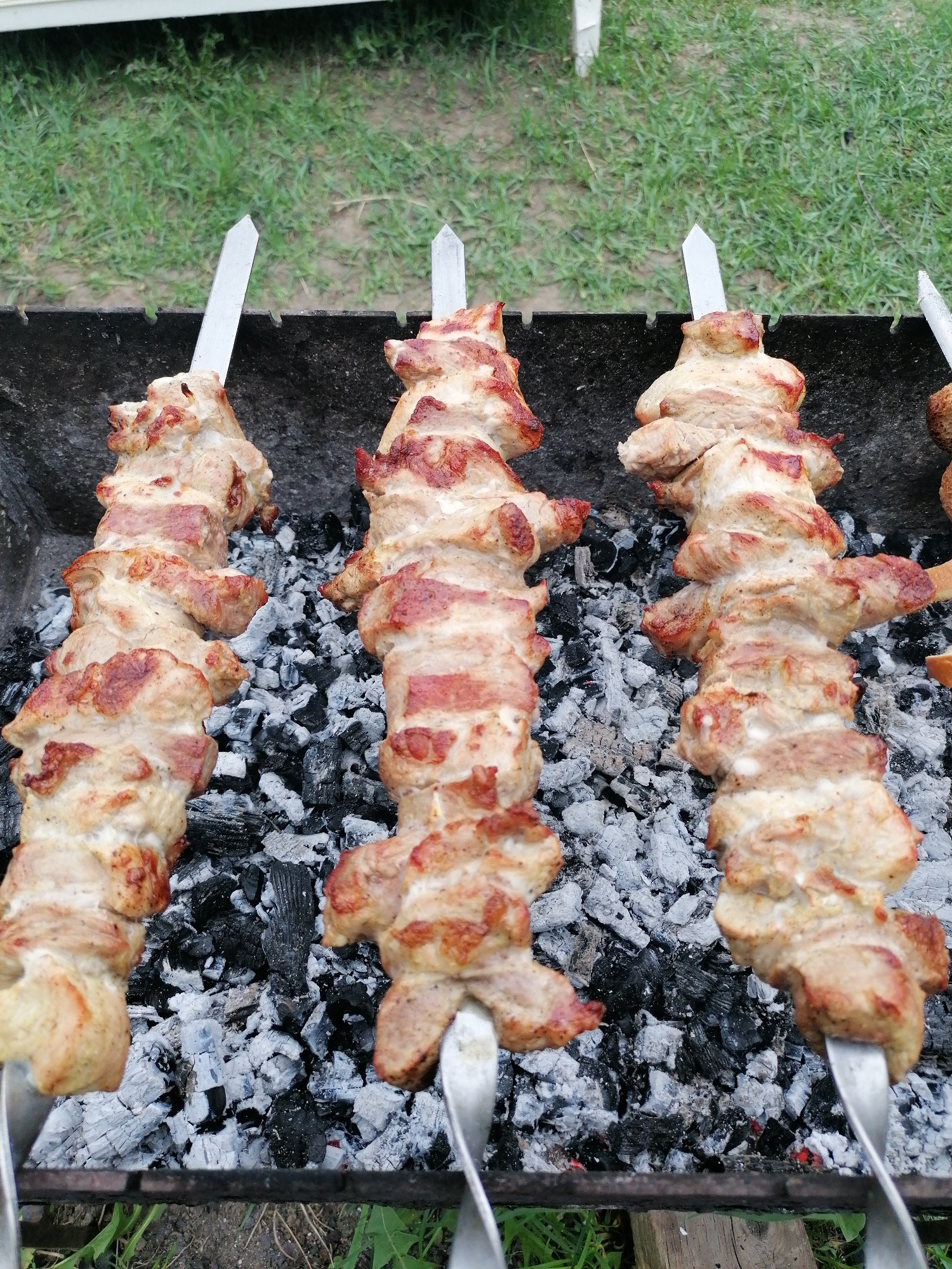 Here is a forensic description of the image:
Three metal skewers impale several pieces of cooked meat and rest on a black metal grill. The grill sits atop gray and black charcoal. Green grass surrounds the grill. A white object is partially visible in the background.