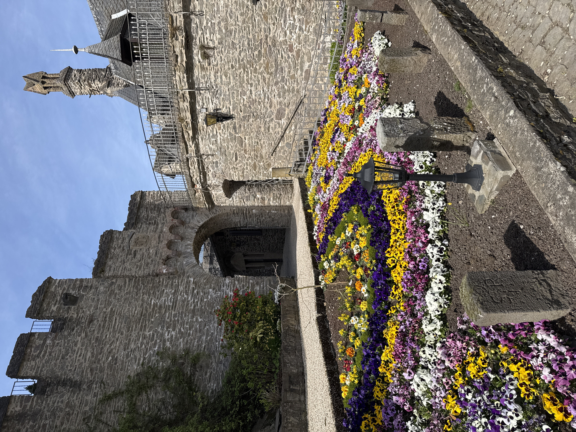 The image shows a flower bed alongside a stone wall, likely part of the Reichsburg Cochem (Cochem Imperial Castle) in Cochem, Germany. The flower bed is filled with rows of colorful pansies - purple, yellow, white, and other hues. Behind the flowers, a stone pathway leads towards an arched opening in the castle wall. Part of a castle tower is visible in the upper left corner of the image, with its pointed roof and stonework. A metal railing is present along the top of the wall. A black, ornate lamppost stands among the flowers. A bush with red flowers is visible. The weather appears sunny, with clear blue sky.