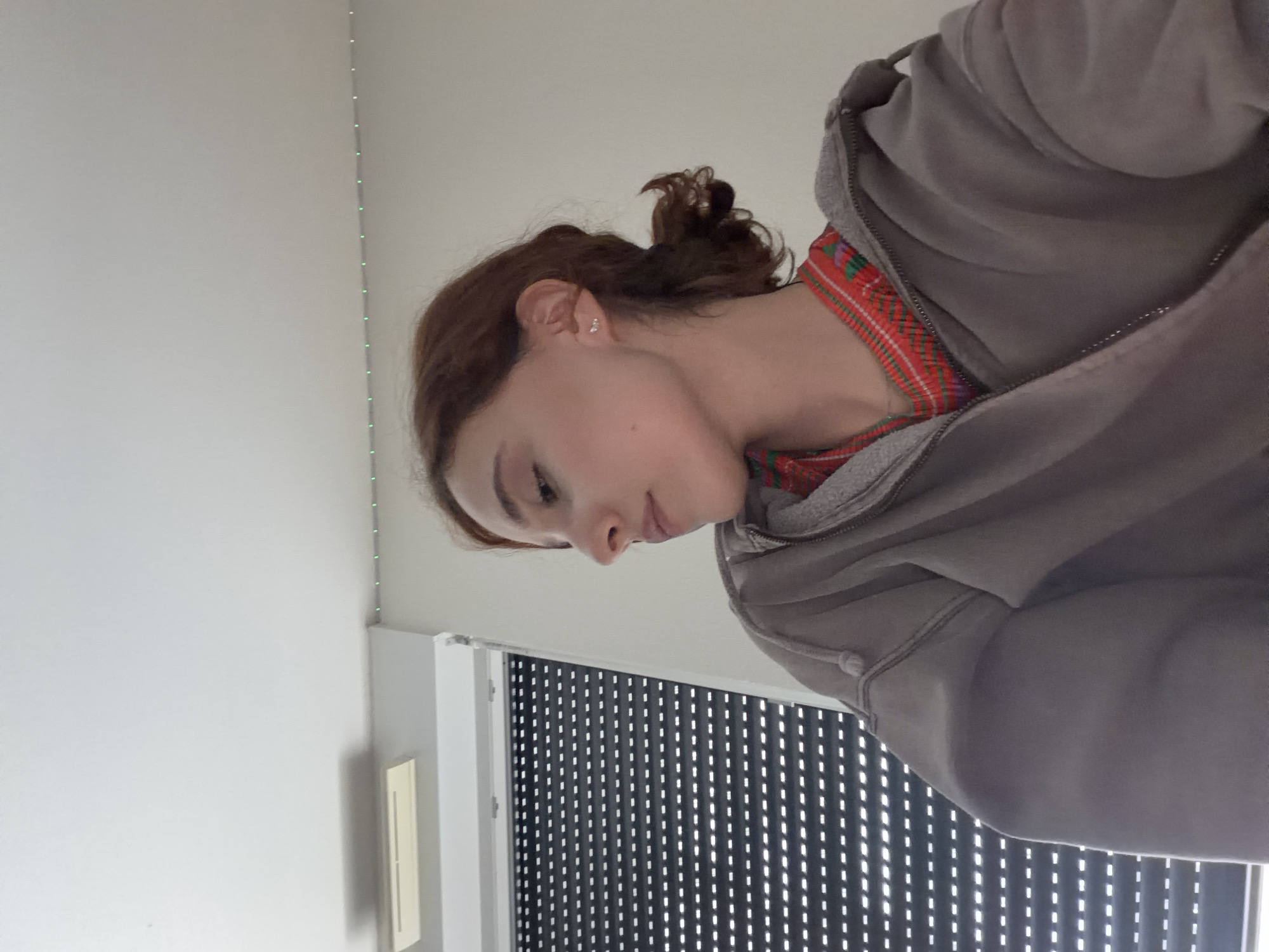 A young woman with auburn hair pulled back in a bun is shown from the chest up, facing right and looking downwards. She is wearing a grey zip-up hoodie over a red and green plaid top. A small silver earring is visible on her left ear. In the background, a black roller shutter with horizontal slats is partially visible to the left. Above the shutter, a rectangular light fixture is mounted on a white ceiling. A string of small green and white lights runs along the top of the wall on the right. The scene appears to be indoors, likely a room in Strasbourg, France, given the context of the request. The lighting is soft and diffused, coming from above and the right.