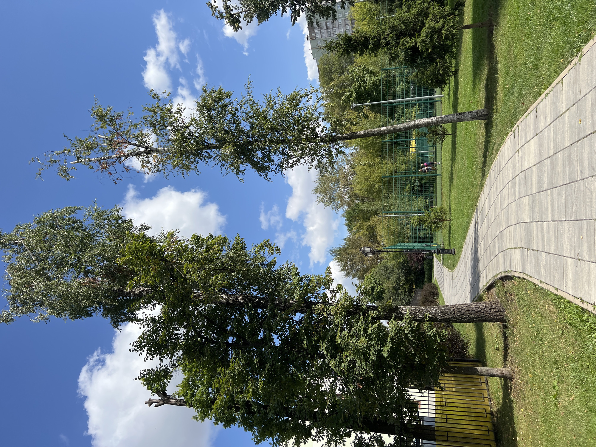 The image depicts a park path winding through a grassy area with trees under a bright blue sky with white clouds. On the right side of the path, a fenced sports court is visible with two individuals playing. In the background, a tall, multi-story building can be seen amongst the trees. The overall scene suggests a sunny day in a park or recreational area within Moscow, Russia.