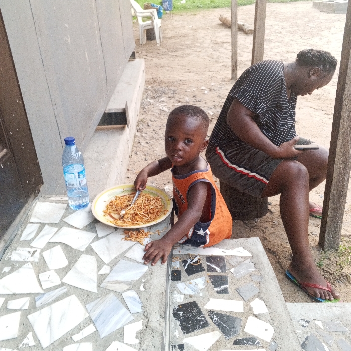 This image, set outdoors in Koko, Nigeria, depicts a young male child and an adult female. The child, a toddler with dark skin and short hair, wears an orange sleeveless shirt with a blue and white star motif. He is seated on a concrete step tiled with irregular marble fragments. In his left hand, he holds a fork submerged in a yellow plate of spaghetti with red sauce, while his right hand rests on the tiled surface; some spaghetti strands are spilled nearby. He looks directly forward. A clear plastic water bottle with a blue cap stands on a concrete ledge to his left. Behind and to the right, an adult female with dark skin and braided hair sits on a dark, cylindrical object. She wears a black and white striped short-sleeve shirt, dark shorts with side stripes, and blue and red flip-flops. Her head is bowed, focusing on a dark-colored smartphone held in both hands. The ground visible beyond the tiled steps is bare, light-brown earth. A grey building wall with a horizontal opening is on the left, and wooden posts are on the right. A white plastic chair and green vegetation are visible in the distant background under daylight conditions.
