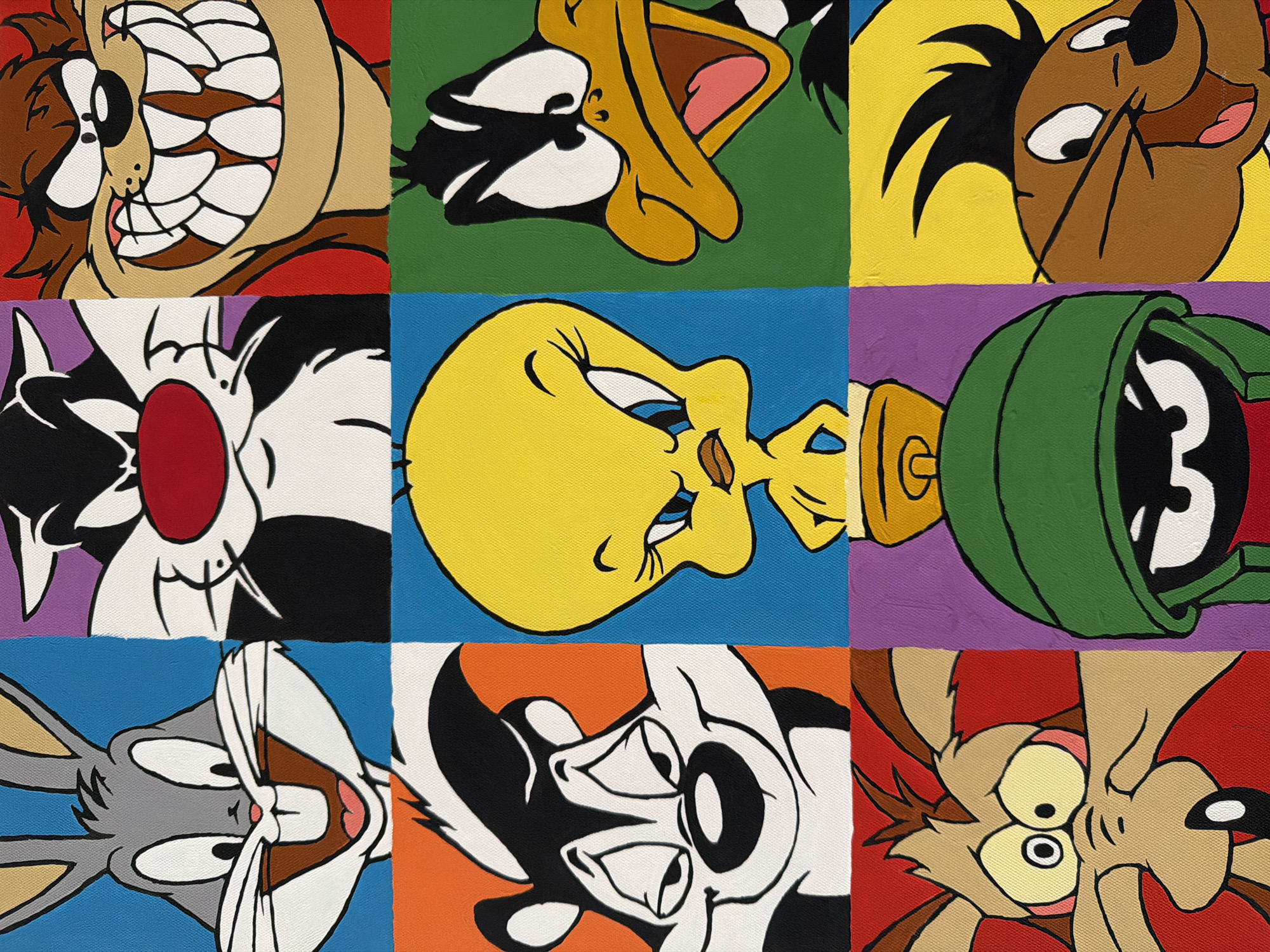 The image is a vibrant, pop-art style painting featuring a 3x3 grid of iconic Looney Tunes characters. Each character occupies its own square, rendered in bold outlines and flat, bright colors against contrasting solid backgrounds.
From left to right, top to bottom:
* **Top Row:** Bugs Bunny on a blue background, Sylvester the Cat on a purple background, and the Tasmanian Devil on a red background.
* **Middle Row:** Pepé Le Pew on an orange background, Tweety Bird on a blue background, and Daffy Duck on a green background.
* **Bottom Row:** Wile E. Coyote on a red background, Marvin the Martian on a purple background, and Speedy Gonzales on a yellow background.
The style is reminiscent of Andy Warhol's silkscreen prints, with each character's portrait isolated and repeated in a grid format. The painting has a canvas texture visible, suggesting it is an acrylic or oil painting. There is no indication of a specific city or location within the image itself.
