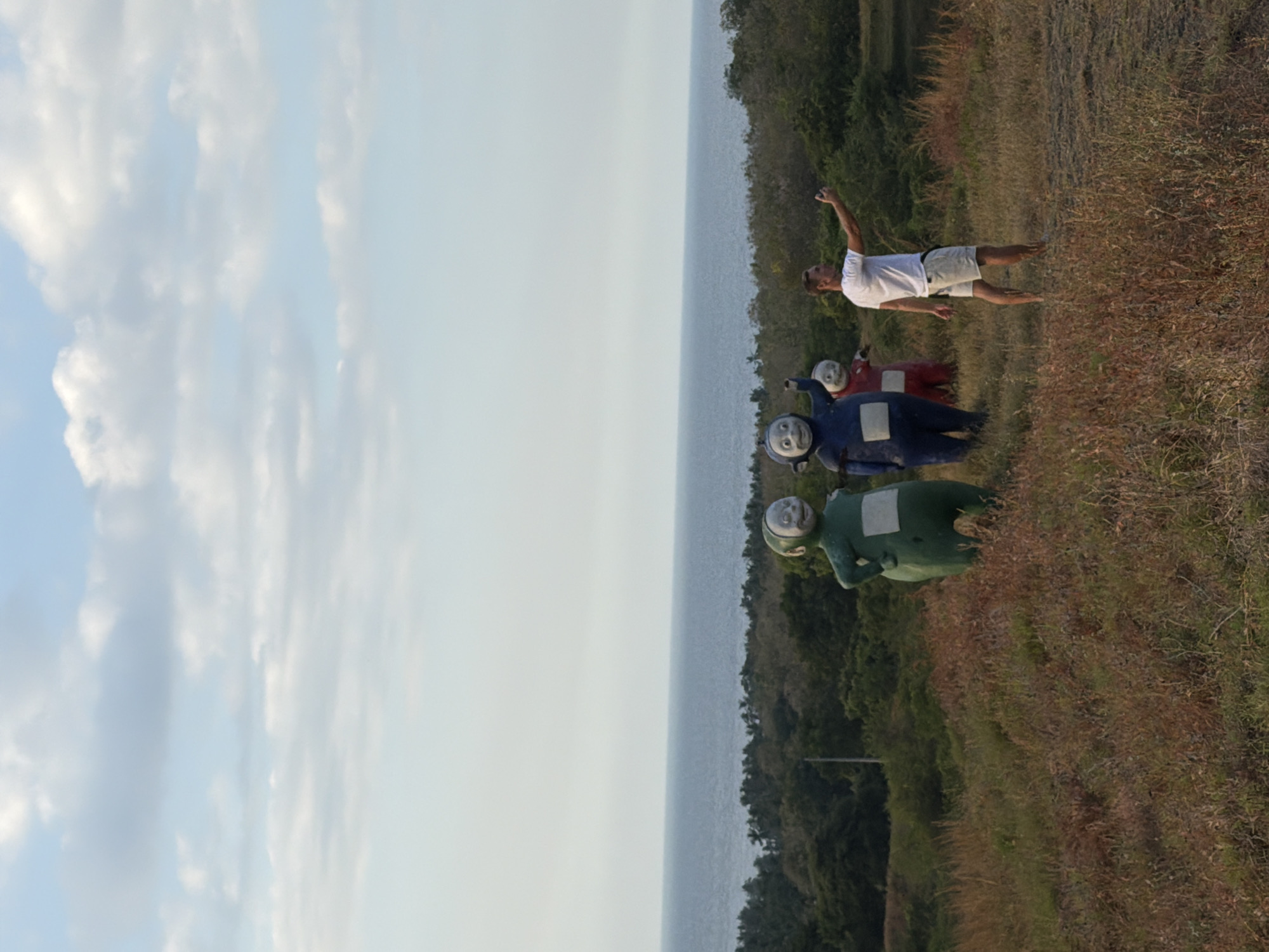 A man in a white t-shirt and light-colored shorts is taking a selfie with a group of Teletubby statues on a grassy hill overlooking the ocean. The statues are of Tinky Winky (blue), Dipsy (green), and Po (red). The man is standing to the right of the statues and is holding his phone up to take the picture. The Teletubby statues are in the center of the image, and the man is to the right of them. The ocean is in the background, and there is a line of trees between the hill and the ocean. The sky is blue with scattered clouds. The scene appears to be in a rural area.