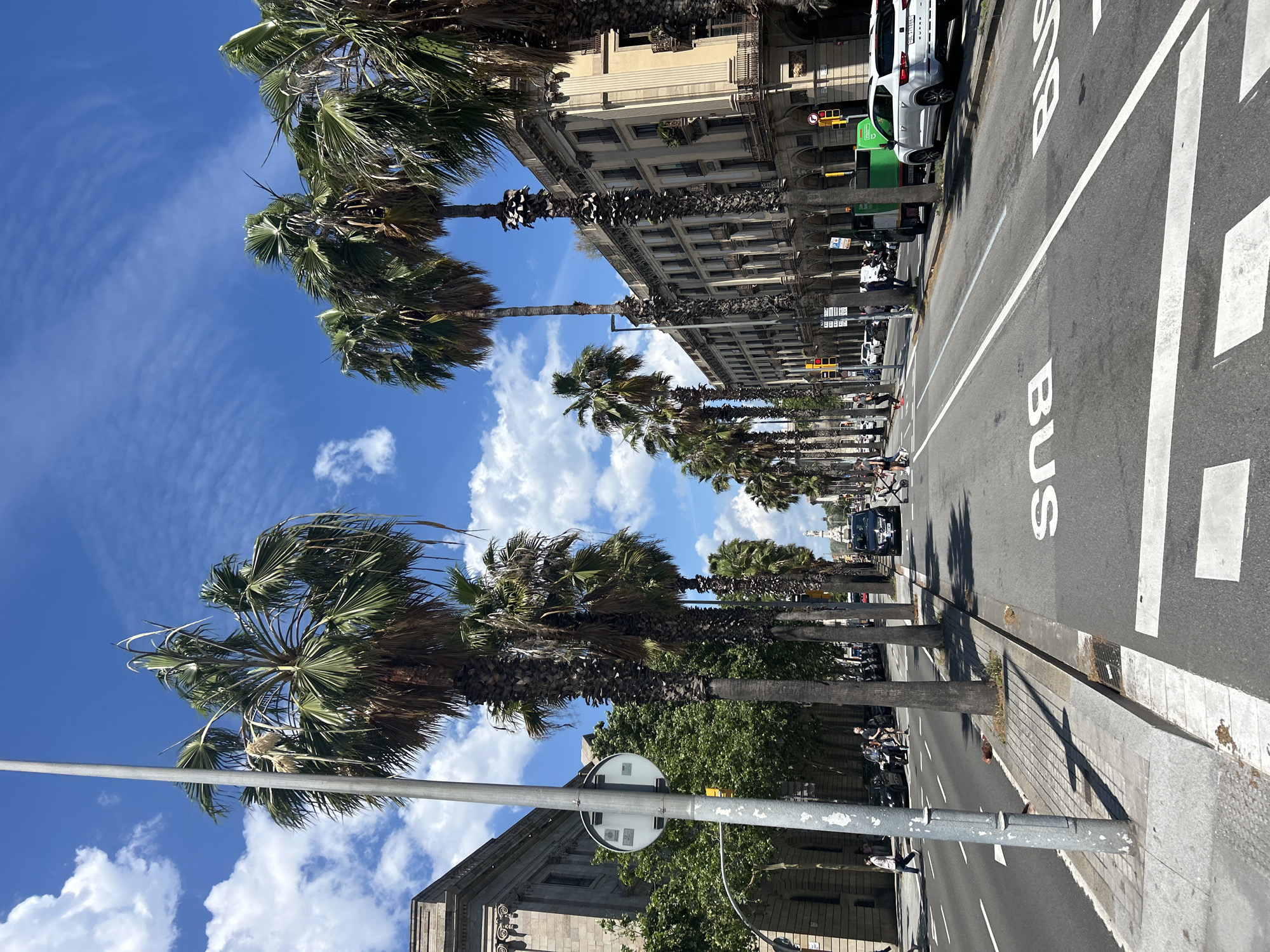 This is a street scene in Barcelona, Spain. The image is oriented vertically, showcasing a palm tree-lined avenue with a mix of architectural styles. The sky is blue with scattered clouds. Buildings are visible along both sides of the street; the building on the right is a tan-colored, multi-story structure with uniform window placement and detailed ornamentation, suggesting a historic or grand building. On the left, the building is made of a darker stone, also multi-storied, with a more structured, ornate design. The street has multiple lanes, one of which is designated for buses. There are cars parked along the roadside, including a white SUV and a green van. People are sparsely visible along the sidewalk. There's a street sign mounted on a metal pole. Palm trees are planted regularly along the street, providing shade and contributing to the city's characteristic atmosphere.