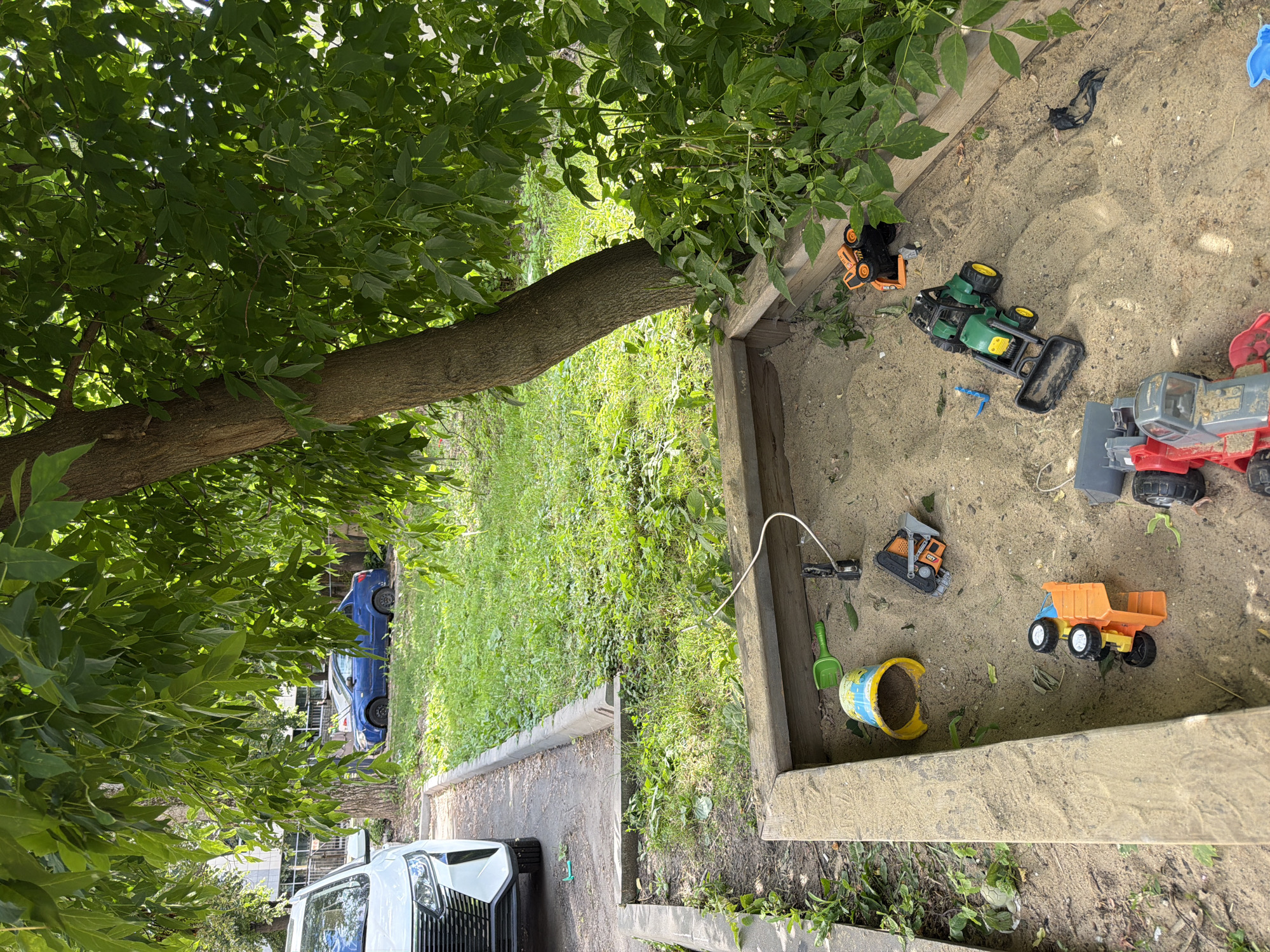 The image depicts a sandbox filled with children's toys, located in an urban setting, likely a courtyard or residential area. The sandbox itself is constructed of wooden planks and contains a variety of plastic toy vehicles, including trucks and excavators, along with a yellow bucket and a green shovel. The ground is covered with sand, and some leaves are scattered throughout.
In the background, a green grassy area is visible, with a tree providing shade over the sandbox. Beyond the grass, two cars are parked: a blue sedan and a white SUV. The presence of buildings and paved areas suggests a typical city environment. While the exact location is not specified, the context implies it is a public or residential space within Moscow, Russia, given the language of the prompt. There are no people or animals visible in the frame. The lighting suggests it is daytime, likely sunny, with shadows cast by the tree and foliage.