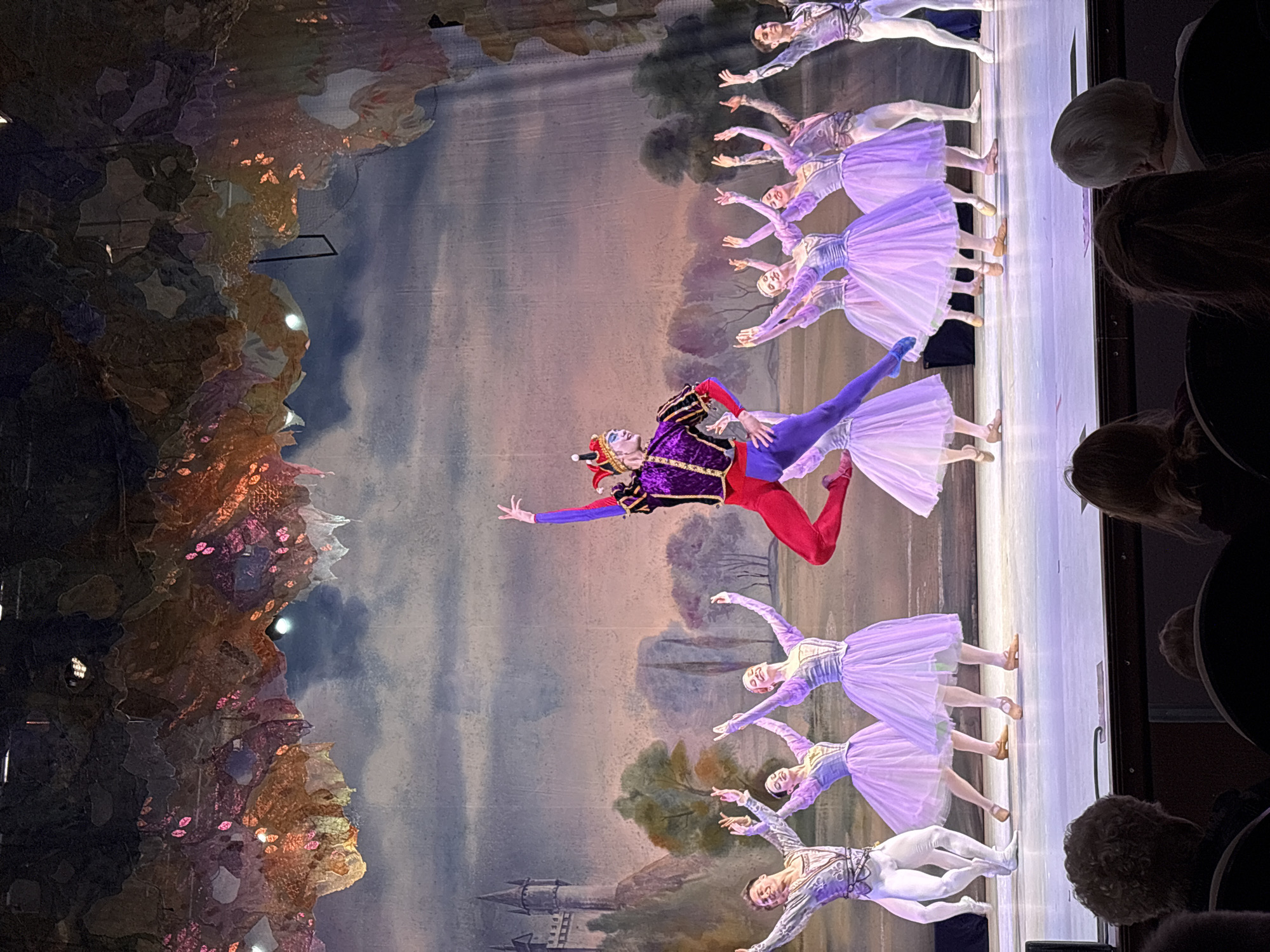 A performance is taking place on a stage in Ulyanovsk, Russia. A male dancer in a harlequin costume with red and purple tights and a vest is jumping in the air. Female dancers in lavender tutus are in lines on the stage. Behind the dancers is a stage backdrop depicting a blue sky and trees. Stage lighting is visible on the side. Part of the audience can be seen on the right side of the image.