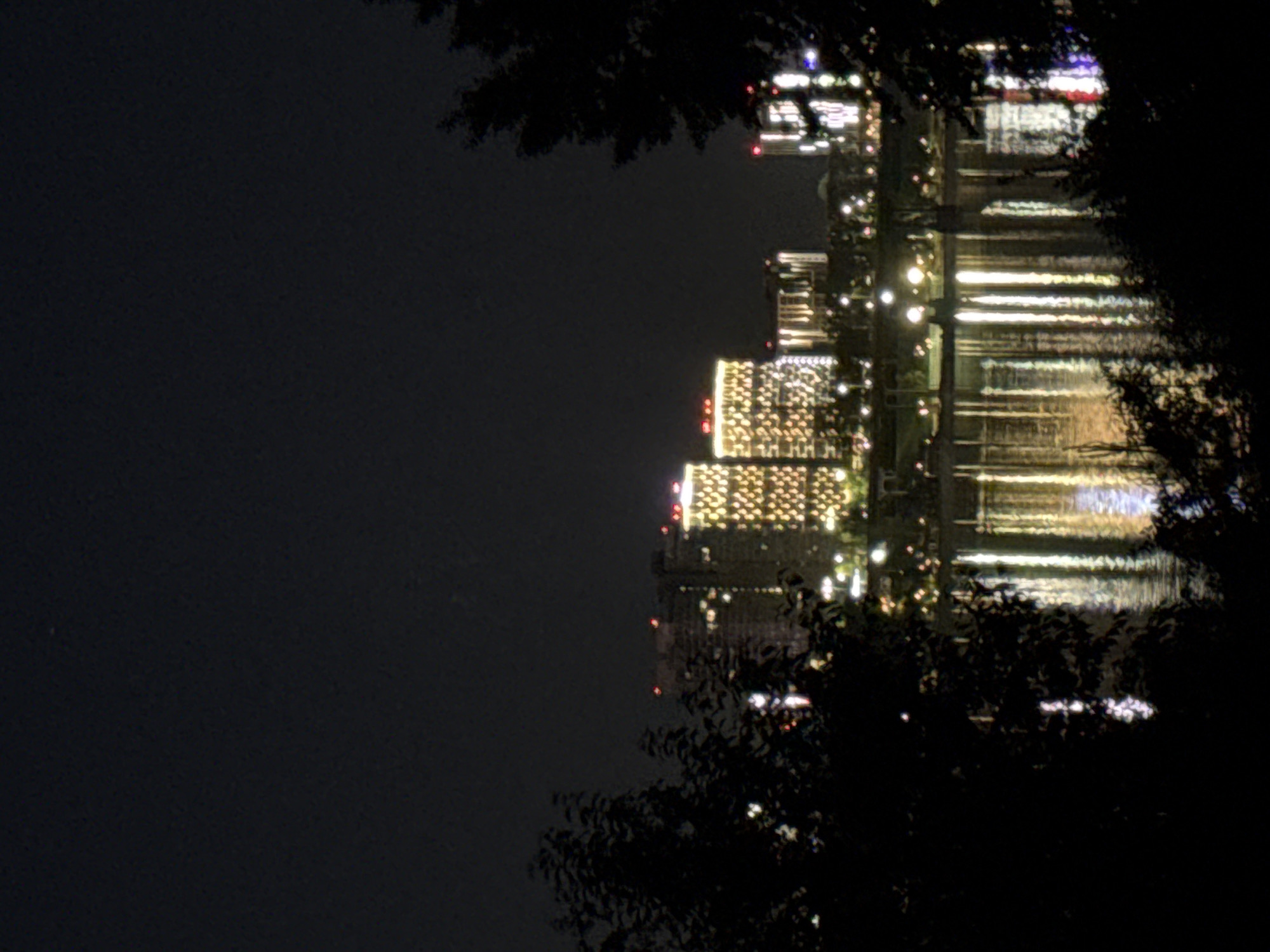 At night, viewed through foreground trees, a body of water reflects the lights of several buildings. The buildings have many illuminated windows. The location is the city of Perm, Russia.
