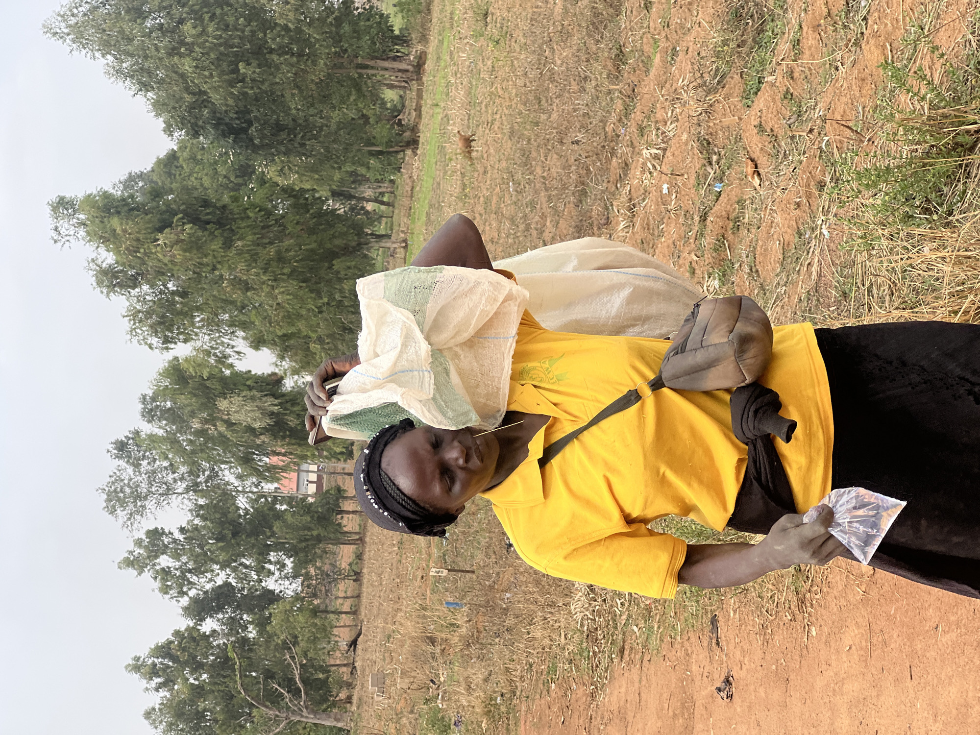 In Udu, Nigeria, an individual with dark skin and wearing a yellow shirt and black skirt is carrying a large white sack on their head. They are also wearing a black headscarf and have a black shoulder bag. In their hand, they hold a clear plastic bag. The background consists of dry, brown grass and trees. A single animal is also visible in the background. The sky is overcast.