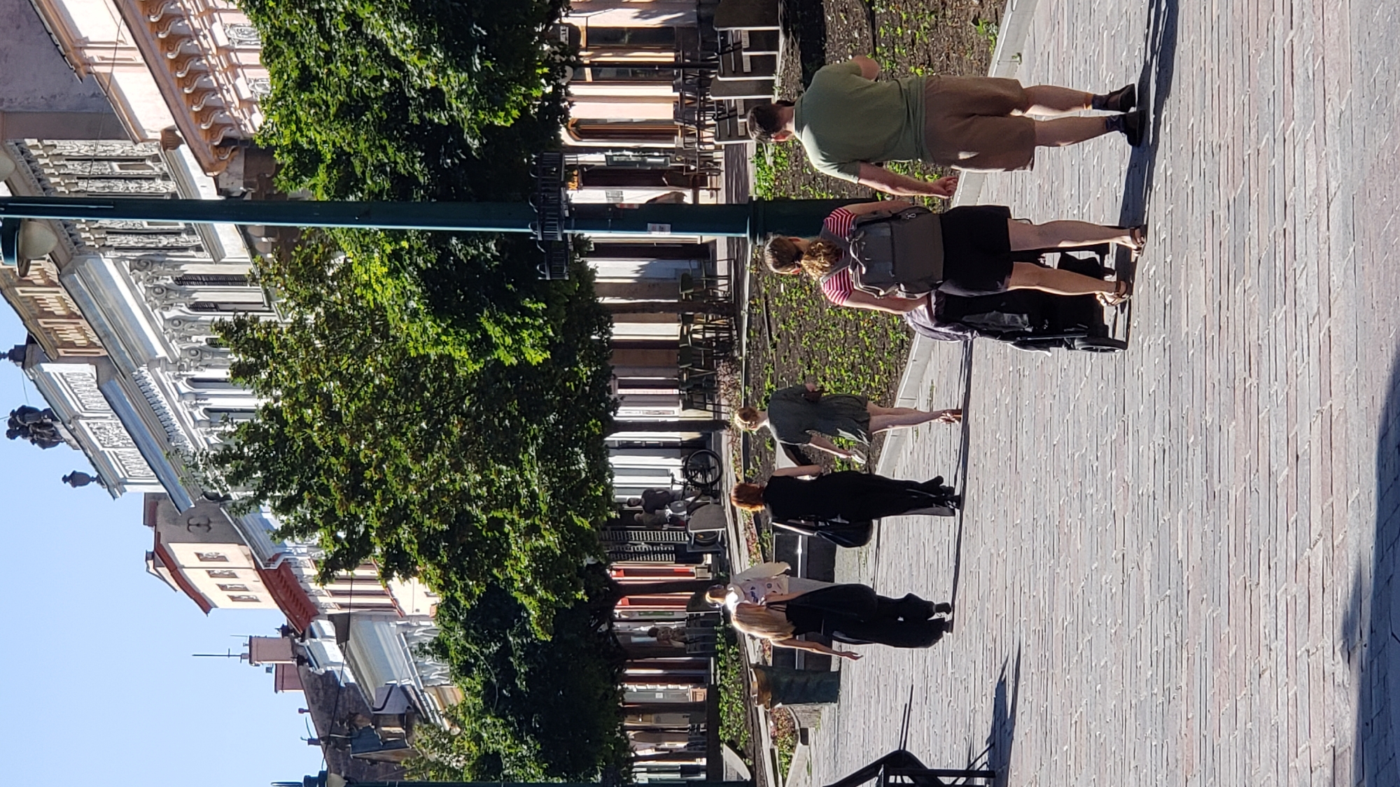 The image depicts a street scene in the city of Prešov, Slovakia, likely on a sunny day. The foreground features a cobblestone walkway where several individuals are walking. From left to right, the visible figures include: a person wearing a black outfit, a person in a black vest and pants, a person in a green dress, and a couple walking together with a stroller. The couple consists of a person wearing a striped shirt and shorts, and another person in a green shirt and shorts.
In the background, a row of buildings with ornate architecture lines the street. Trees are planted along the walkway in front of the buildings, casting shadows on the ground. Some of the buildings appear to house businesses with outdoor seating areas, indicated by tables and chairs. A bicycle is visible parked near one of the buildings. The sky is clear and blue. The overall impression is that of a pleasant urban environment.
