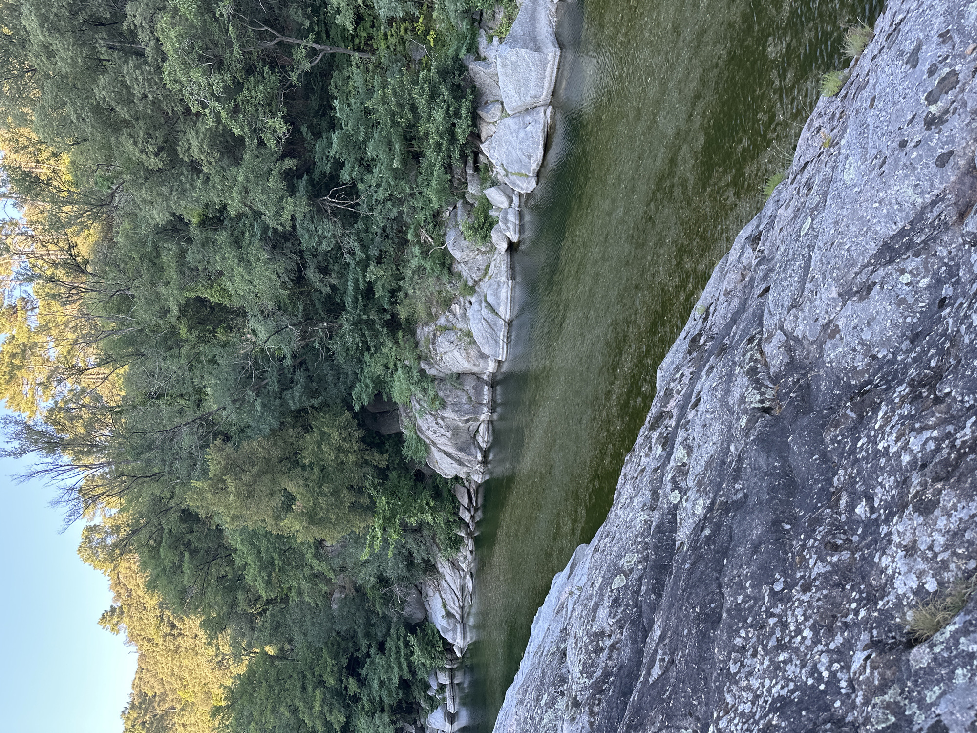 The image depicts a serene natural scene along the Gardon River in Anduze, France. In the foreground, a large, textured gray rock formation occupies the lower left quadrant, sloping downwards towards the water. The rock is mottled with lighter gray and white patches, possibly lichen. The middle ground features the clear, greenish water of the Gardon River, reflecting the surrounding environment. Along the opposite bank, a rocky shoreline is visible, characterized by numerous gray boulders of varying sizes, some smoothed by the water and others rougher. Lush green trees and dense foliage cover the hillsides rising behind the rocky bank, creating a verdant backdrop. The sky above is a pale blue, suggesting a clear day with soft lighting. The scene is devoid of human presence, focusing solely on the natural landscape.