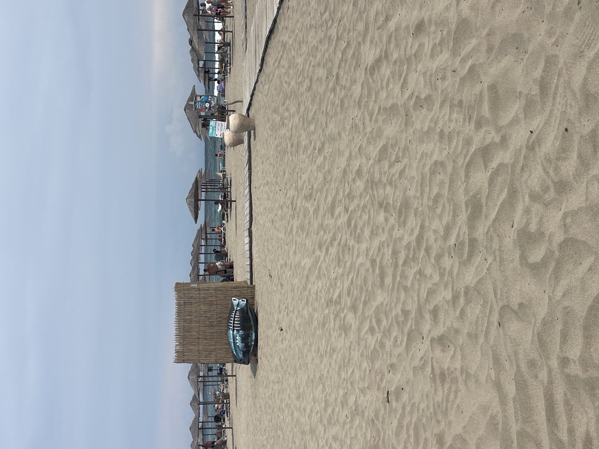 This image captures a serene beach scene in Rezovo, Bulgaria, under a hazy sky. The foreground is dominated by textured sand, with a few scattered twigs and small pebbles. In the mid-ground, a tall, woven reed barrier stands prominently, with a novelty inflatable fish resting against its base. Beyond this, a series of thatched-roof umbrellas are arrayed across the sandy expanse, providing shade for beachgoers. Several individuals are visible lounging on chairs beneath these umbrellas, and further in the distance, the tranquil waters of the sea meet the horizon. Wooden walkways are also present, suggesting a structured approach to accessing different areas of the beach. Two large, light-colored ceramic pots are situated near a walkway, adding a decorative element to the coastal landscape.