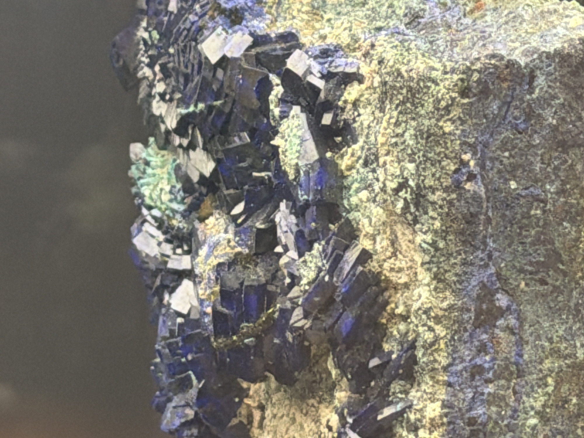 The image shows a close-up of a mineral specimen, likely azurite and malachite, against a blurred dark background. The specimen features sharp, prismatic blue crystals of azurite interspersed with lighter green, earthy formations of malachite. The textures are rough and crystalline, with variations in color from deep blue to pale green and yellow-brown. There are no people, actions, interactions, or environmental elements of a city visible. The setting appears to be a controlled environment, possibly a museum or a private collection, due to the focus on the mineral specimen. The location of Fort Lauderdale, United States of America, is not discernible from the image itself.