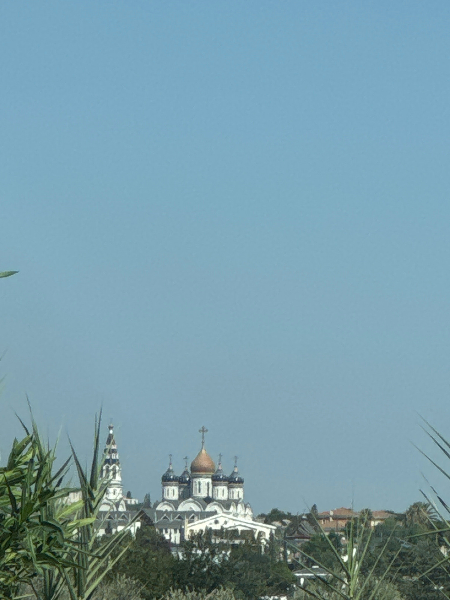 The image shows a view of the St. George Orthodox Church in Germasogeia Municipality, Cyprus, on a clear day with a pale blue sky. In the foreground, out of focus, are green leafy plants. Behind them, the church complex is visible. The church itself has multiple domes, with one prominent copper-colored dome and several darker domes. A tall, slender bell tower with a white and black checkered pattern and a spire is also visible to the left of the main church building. Other buildings with white facades and dark roofs are part of the complex. In the background, there are trees and terracotta-roofed buildings. The overall scene depicts a religious site surrounded by vegetation and other structures.