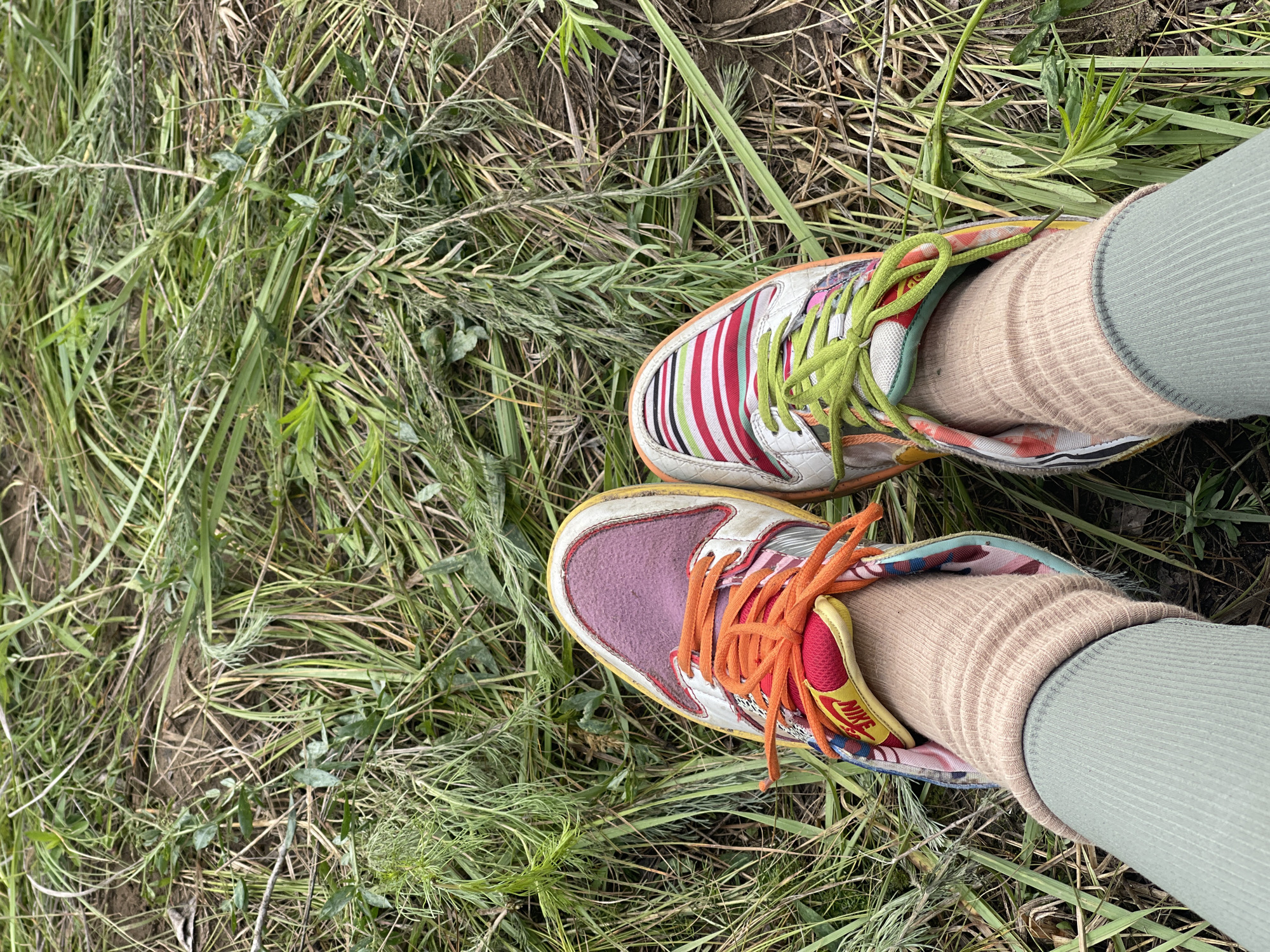 In Nezhinka, Russia, a pair of colorful, uniquely designed sneakers with orange and lime green laces is photographed from a top-down perspective. The sneakers are placed on a ground covered with dry grass and some green vegetation. The person wearing the shoes has light tan socks pulled up to their ankles and is wearing light green ribbed leggings. The background consists of more grass and dry plant material, suggesting an outdoor, possibly natural setting.