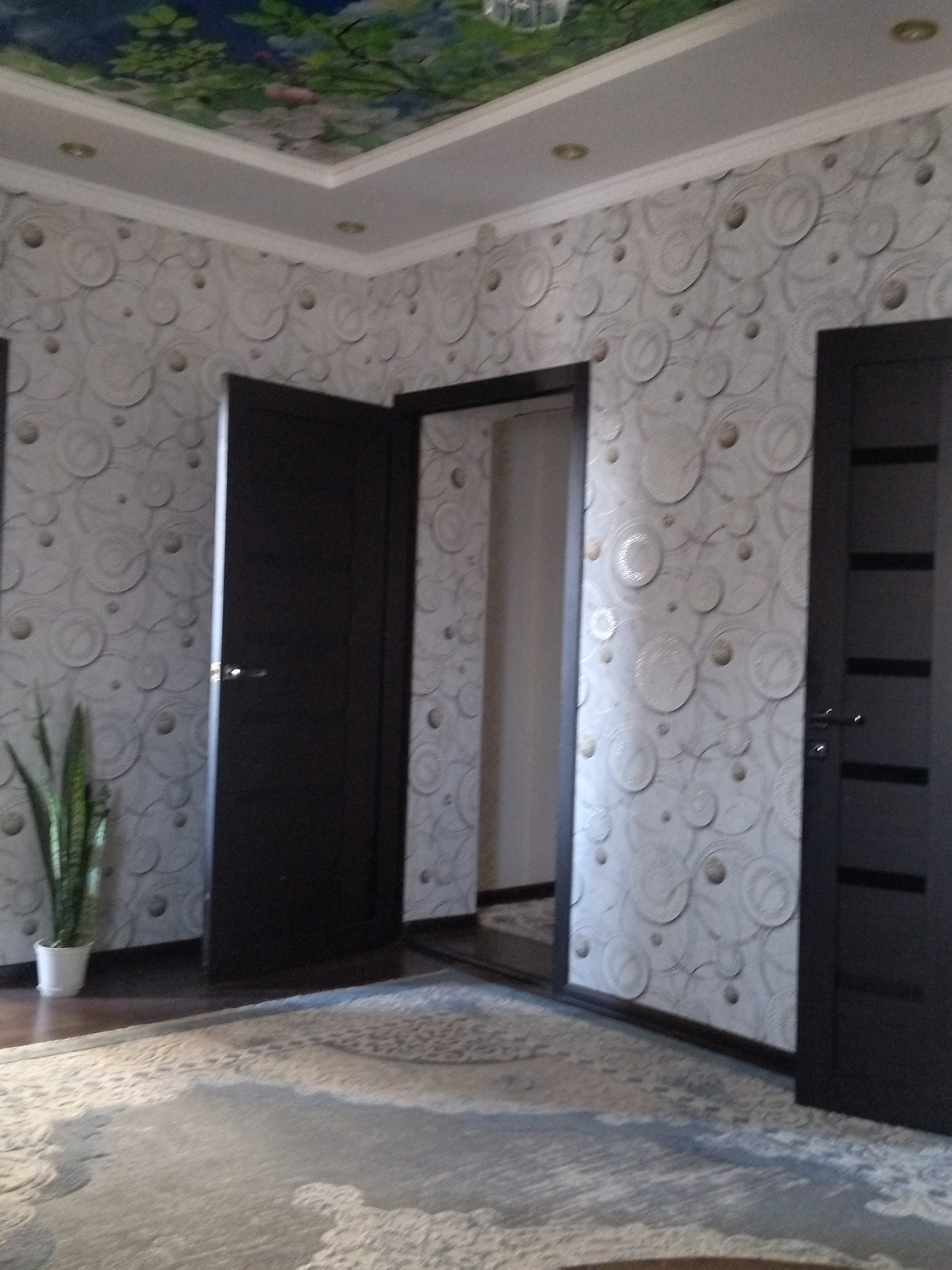 The image shows an indoor scene, likely a hallway or living space, featuring patterned wallpaper with circular designs and a dark wooden floor. There are two dark wooden doors visible, one on the left and one on the right, with metallic handles. A tall green potted plant with thin leaves stands to the left of the left door, next to a white pot. A large, patterned rug covers the floor in the foreground. The ceiling has recessed lighting and is decorated with a mural depicting a landscape with green foliage and possibly flowers. The scene appears to be in a residential setting.