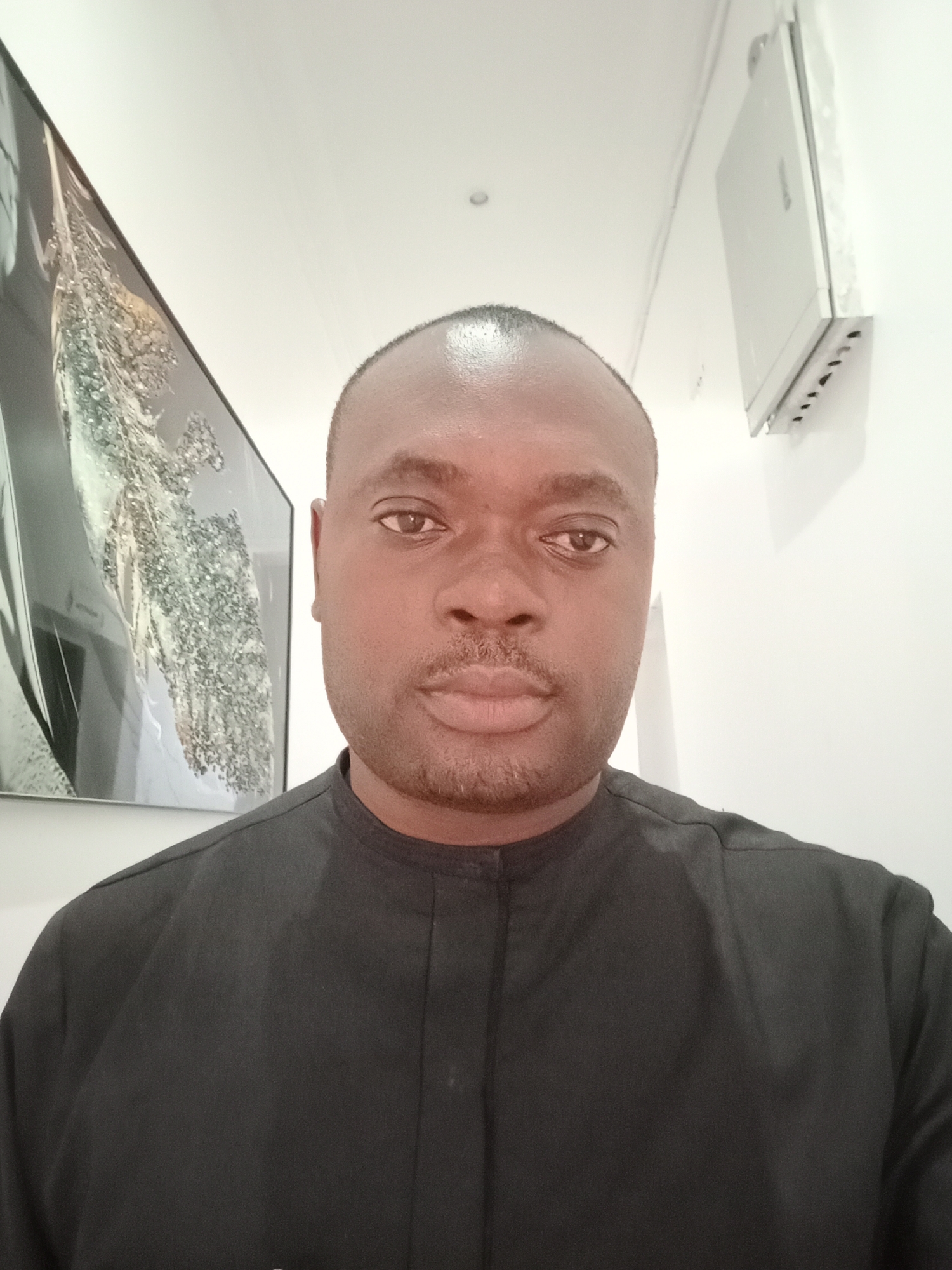 A medium, close-up shot of a Black man indoors. He has short, dark hair, brown eyes, and a light mustache and goatee. He is wearing a black, collared shirt. Behind him, on the left, is a framed abstract painting with silver tones. On the right, there is a white wall with a gray electrical box. The photo appears to be taken in an office or home setting. No information confirms the city of Gwarinpa, Nigeria.