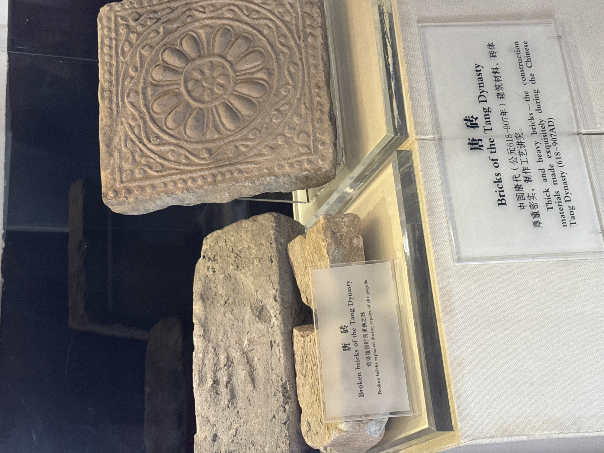 The image shows an exhibit of bricks from the Tang Dynasty, potentially located in Yanta District, China, based on the presence of Chinese text on the display. The exhibit features two different types of Tang Dynasty bricks. One is a complete, square brick with an ornate, floral design carved into its surface. The other display presents broken fragments of bricks. Each exhibit has an accompanying information card written in both Chinese and English. The first card reads, "Bricks of the Tang Dynasty," and states that the bricks were thick and heavy construction materials made exquisitely during the Chinese Tang Dynasty (618-907AD). The second card reads, "Broken bricks of the Tang Dynasty," specifying that these bricks were replaced during repairs of a pagoda. The objects are displayed in glass cases with a neutral-colored background.