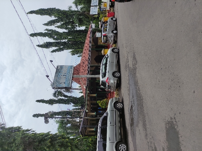 This image captures a street scene in Situbondo, Indonesia, during what appears to be an overcast daytime. The foreground and middle ground are dominated by a paved asphalt road, where several light-colored cars, primarily minivans or small SUVs, are parked parallel to the curb.
On the left side of the frame, a building with a distinctive reddish-brown tiled roof is visible. This structure appears to be a commercial establishment. Above the building, a large rectangular billboard or sign is mounted; however, any text or imagery on it is indistinct and illegible due to blurriness.
Behind and around the building, numerous tall, slender trees with dense green foliage rise prominently against the cloudy sky. Utility poles and overhead electrical wires crisscross the upper portion of the scene. The road surface exhibits some darker patches, possibly wet spots or oil stains. No people are visible, and the scene depicts a quiet moment with parked vehicles, suggesting a typical roadside setting in an urban or suburban area.