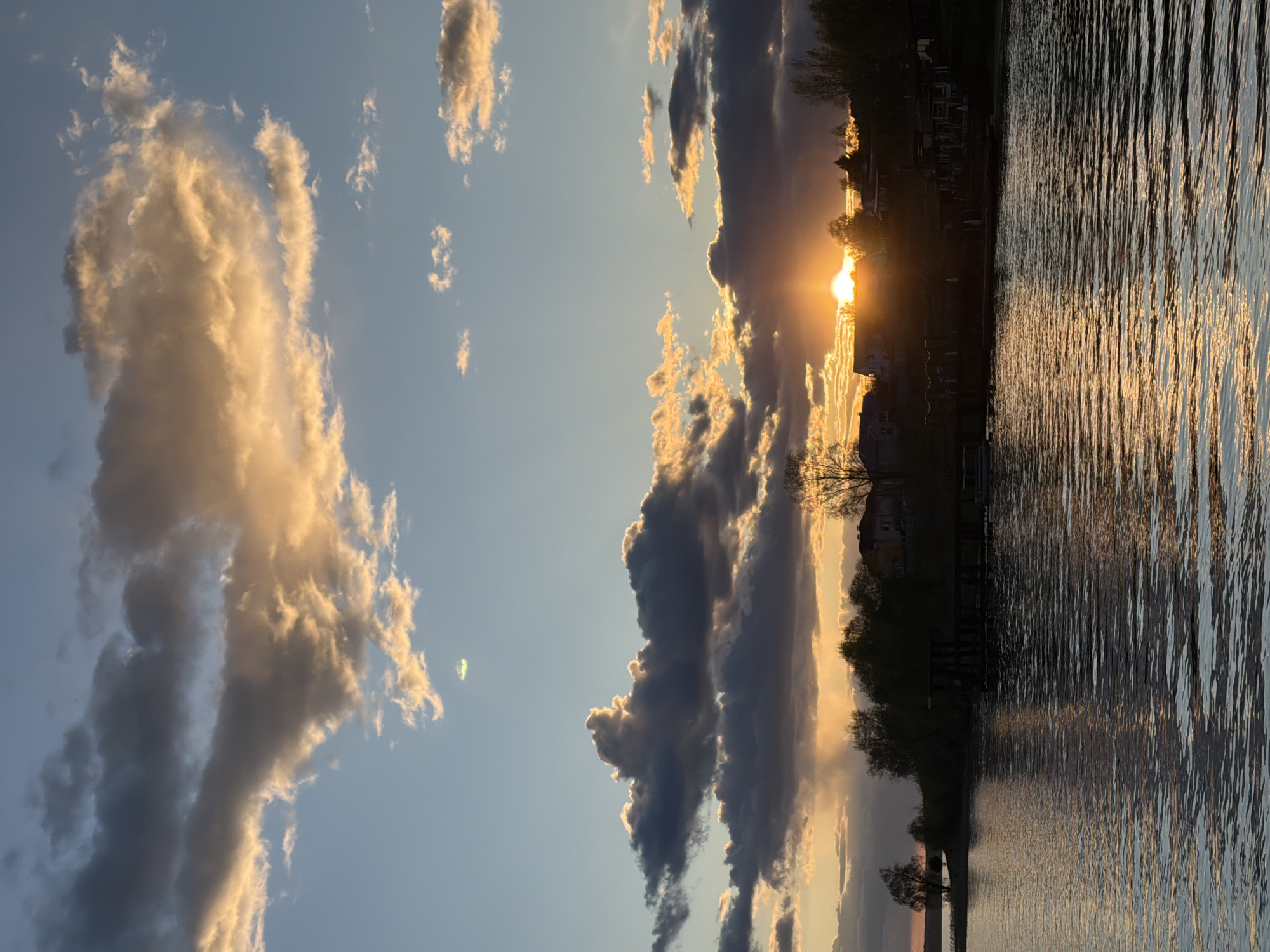 The image shows a sunset over a body of water, likely a lake or river. The sun is partially obscured by clouds, creating a halo effect. The water reflects the golden light of the setting sun. Silhouettes of trees and buildings are visible on the far shore. The sky is a mix of blue and orange hues. It is impossible to confirm the location as the city of Votkinsk, Russia without additional information.