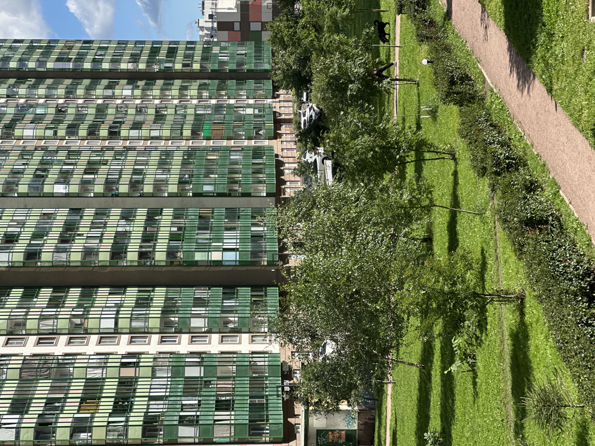 A tall, modern apartment building with a distinctive green facade dominates the background of this outdoor scene. The building features numerous windows, many of which are partially covered by curtains or blinds. In front of the building, a well-maintained green lawn is dotted with trees and bushes. A gravel path winds through the lawn, and a person is walking a black dog along this path. The sky above is blue with scattered clouds. The scene appears to be a residential area in a city, possibly in Russia given the Cyrillic signage on a small building at the base of the apartment complex.