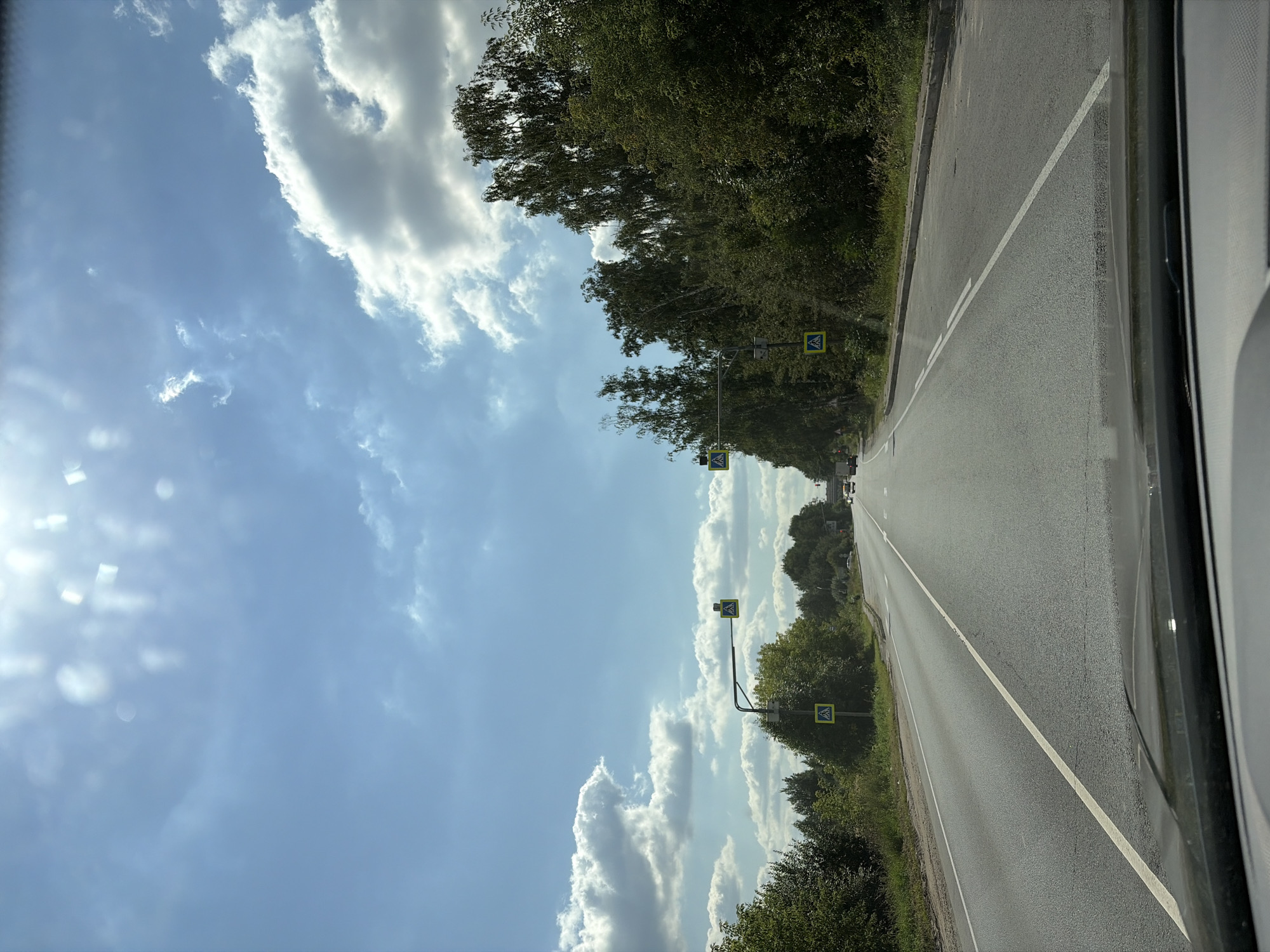 The image, taken from inside a vehicle, depicts a straight, paved two-lane road in the city of Melenki, Russia, under a bright, partially cloudy sky. The road is bordered by lush green trees and vegetation on both sides. There are several pedestrian crossing signs visible, marked with a yellow diamond shape and a black pedestrian silhouette, indicating designated crosswalks. Traffic lights with pedestrian signals are also present. A few vehicles can be seen in the distance on the road. The overall environment suggests a sunny day in a rural or semi-rural area.