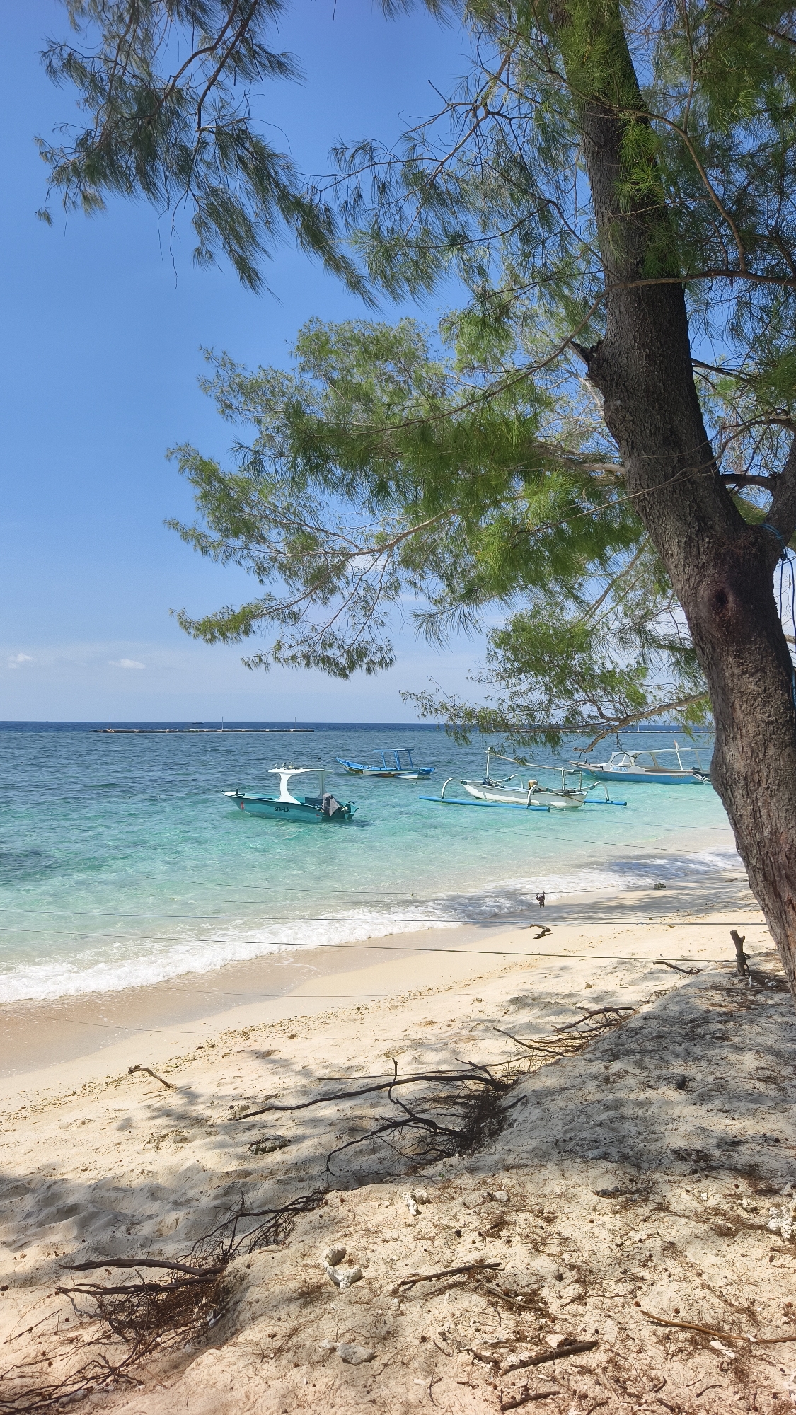 The image depicts a tropical beach scene. The foreground is dominated by a sandy beach with scattered twigs and debris. Shadows cast by a tree on the right edge of the frame suggest the presence of sunlight. The water is clear and turquoise, with gentle waves lapping the shore. Several small boats are visible in the water, some appearing to be traditional Indonesian outrigger boats. In the background, the horizon is visible with a clear blue sky above. The image gives the impression of a calm and serene tropical location in Indonesia.