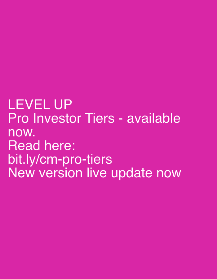 The image displays white text against a solid, vibrant magenta background. There are no people, objects, or specific scenes depicted beyond the text itself. The text announces updates or new features related to an investment or digital platform.
The visible text includes:
- "LEVEL UP" in a larger font size.
- "Pro Investor Tiers - available now."
- "Read here:"
- A shortened URL: "bit.ly/cm-pro-tiers"
- "New version live update now"
The overall message is promotional, announcing the availability of "Pro Investor Tiers" and a "New version live update," encouraging users to learn more via the provided link. There are no specific time of day, weather, or location cues. The stark contrast between the white text and the bright magenta background gives the image a bold and attention-grabbing appearance. The tone suggested by the text is informative and encouraging, aiming to prompt engagement with the new offerings.