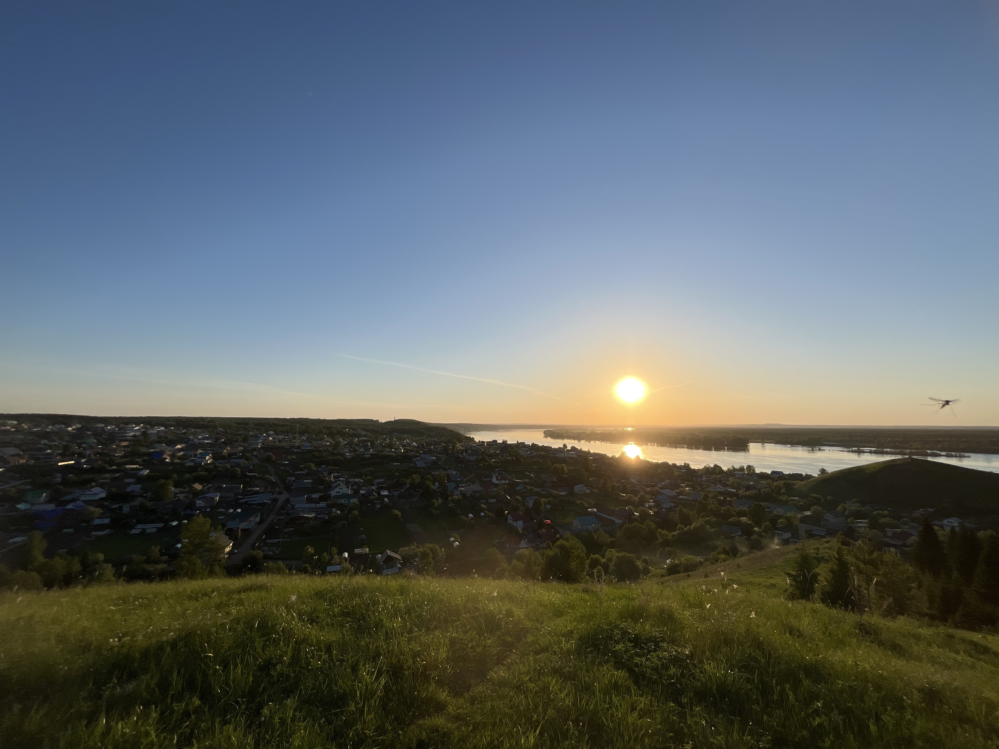 The image depicts a landscape view from a grassy hilltop in Ольховка, Russia. In the foreground, there is a field of green grass. The middle ground shows a settlement with houses and trees, extending towards a body of water reflecting the light of the setting sun. The background consists of a clear sky transitioning from blue to orange near the horizon, where the sun is positioned. A dragonfly is visible in flight on the right side of the image.