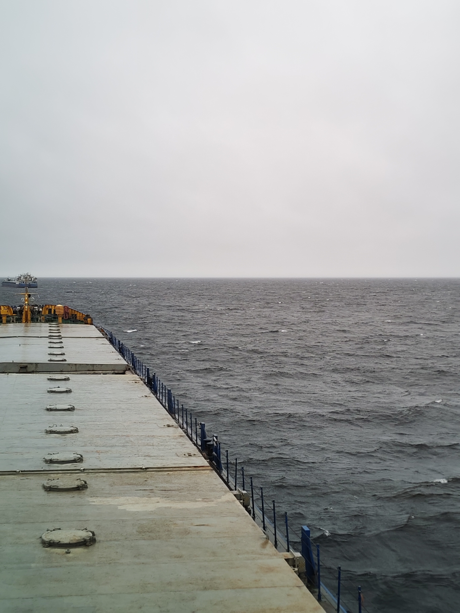 The image depicts a view from the deck of a ship on the open sea. The sea is choppy with small waves, and the sky is overcast, suggesting a cloudy or stormy day. In the distance, another ship can be seen on the horizon. The deck is grey and has a series of hatches running along its length. A railing borders the edge of the deck, separating it from the sea. The location is not identifiable as being in the city of Shcheleiki, Russia, based on the visual information provided.
