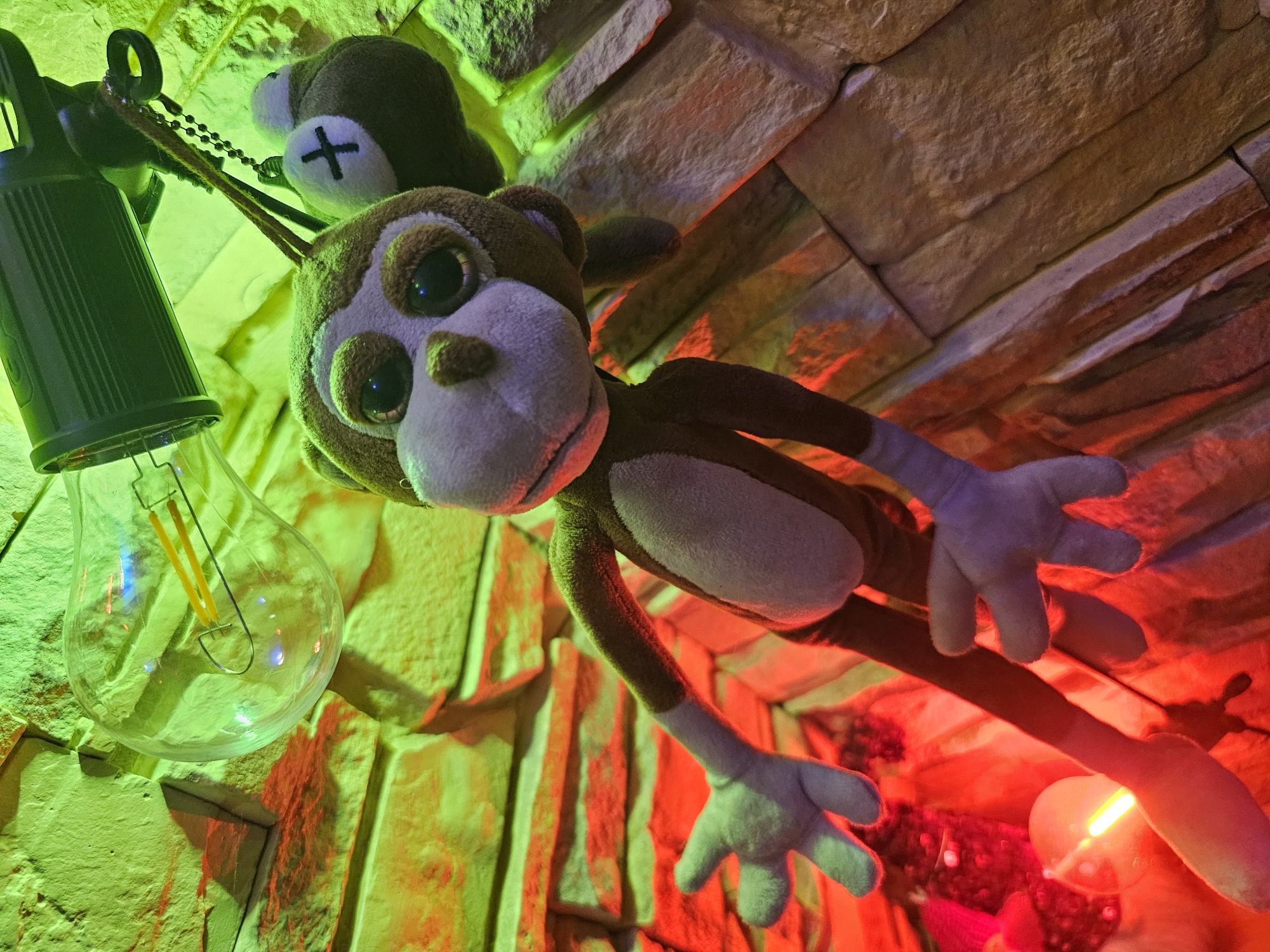 In Skadovsk, Ukraine, a plush monkey toy is suspended by a chain from a black light fixture mounted on a stone wall illuminated with green and red lighting. The monkey, with its long limbs and soft eyes, appears to be hanging upside down. A small, round, dark-colored stuffed object with a white cross is attached to the chain above the monkey. The stone wall features rough textures and varying shades of brown and tan, interspersed with the vibrant, colored light. A large, clear glass light bulb with visible filaments is also present, reflecting the surrounding illumination. In the lower left corner, a red light source casts a bright glow, illuminating parts of the monkey's legs and the wall.