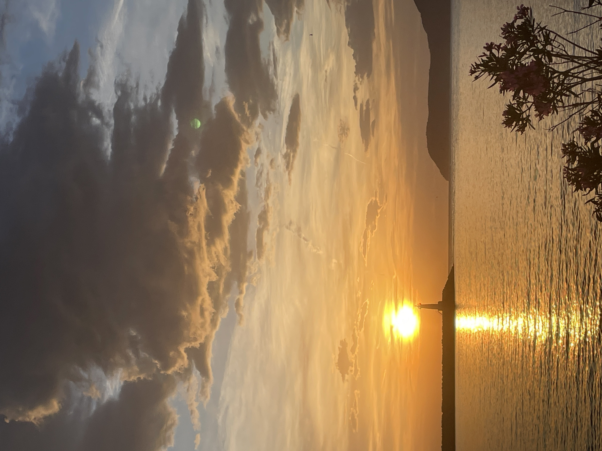 The image captures a sunset over water, likely a lake or sea, in Bar, Montenegro. The sun is setting behind a structure, possibly a small building or monument, on the water's edge. The sun's reflection creates a bright streak across the water. The sky is filled with clouds illuminated by the setting sun, transitioning from dark, heavy clouds to brighter, orange-tinged clouds closer to the horizon. A mountain range is visible in the distance. In the foreground, on the right, there is foliage with pink flowers, possibly oleander, partially framing the scene.