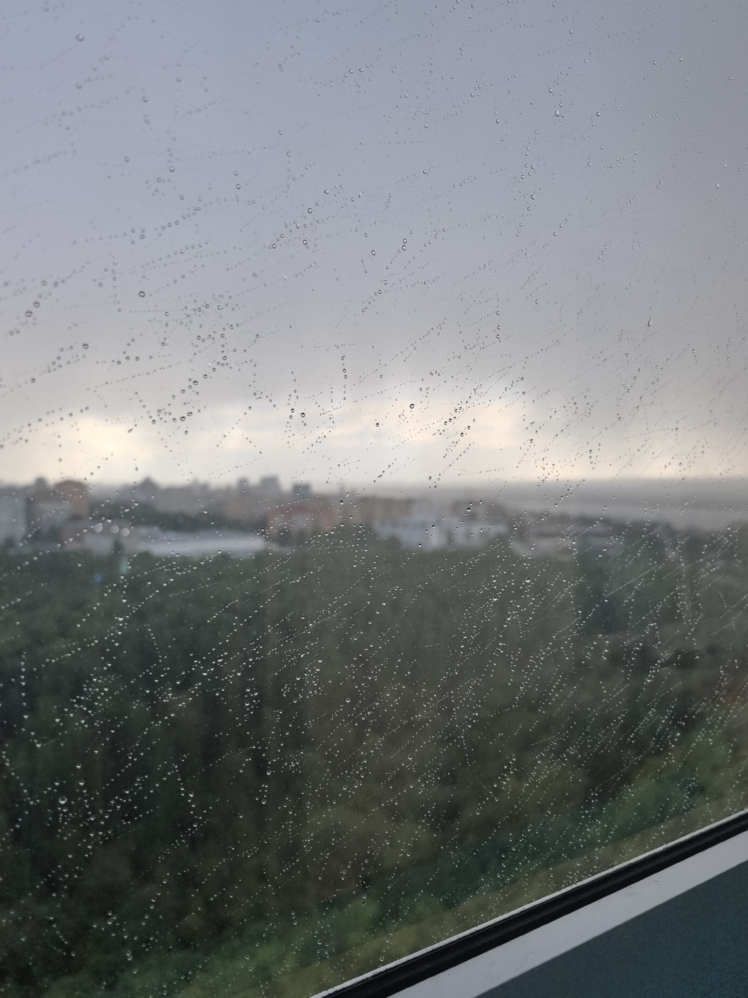 The image shows a view through a rain-streaked window. In the background, there is a blurred cityscape with buildings and vegetation. The sky is overcast and grey. The lower portion of the frame includes part of the window frame, which is light grey. The location is Perm, Russia.