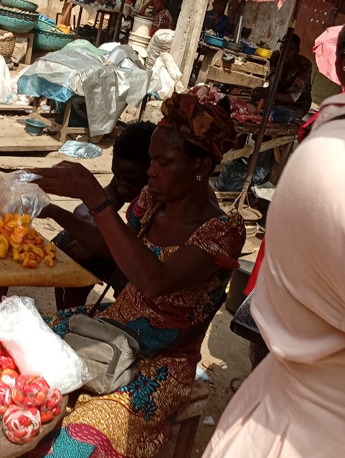 The image depicts an outdoor market scene in a city within Onitsha, Nigeria. In the foreground, a woman, identifiable as a vendor, is seated behind a wooden stall. She wears a multi-patterned brown, gold, and teal dress and a matching headwrap, along with gold-colored hoop earrings and a dark beaded bracelet on her left wrist. She is actively placing yellow-orange peppers into a clear plastic bag with both hands. A grey fabric crossbody bag rests on her lap. To her immediate left, partially obscured, a second individual with dark hair is seated behind the stall, looking downwards.
On the wooden stall in front of the main subject, a pile of loose yellow-orange peppers is visible, adjacent to several red tomatoes individually wrapped in clear plastic. A white opaque plastic bag containing unknown items is also on the stall. The ground beneath the stall is a light brown, appearing to be dirt or sand.
In the mid-ground, further market activity is observed. Structures composed of rough-hewn wood support goods, including a light blue plastic basket and items covered by silver and light blue tarpaulins. To the right mid-ground, another vendor is seated behind a wooden table, where portions of what appears to be red meat are displayed. A pink or red umbrella provides shade over this area. Various sacks, bags, and other market goods are distributed throughout the background, indicating an active commercial environment under daylight conditions.