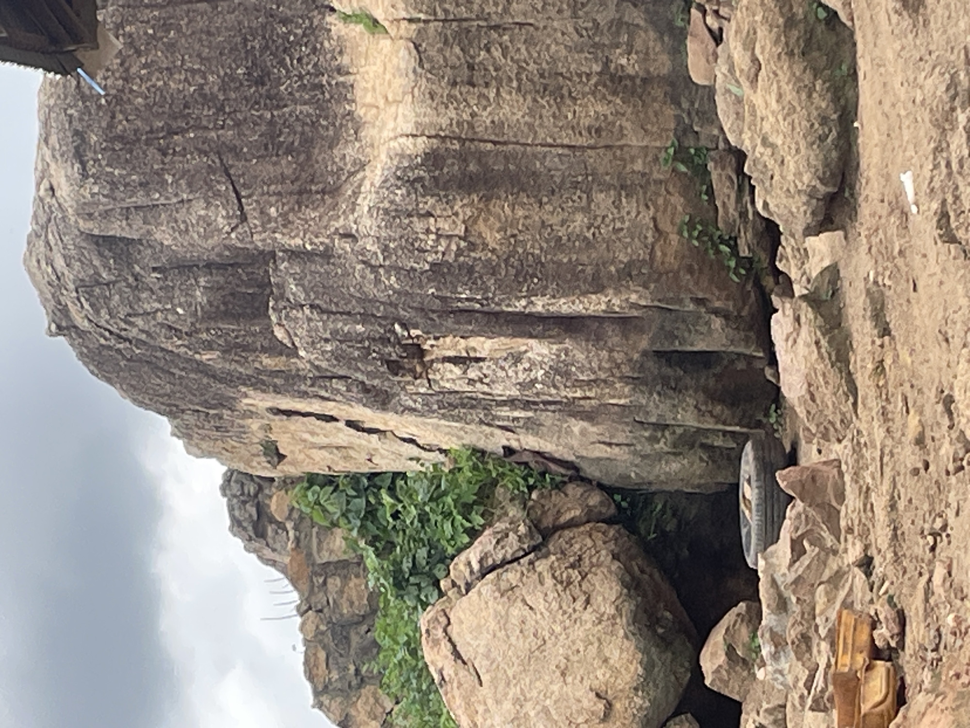 This media file captures a close-up view of a massive rock formation, characterized by its rough, textured surface and prominent geological layers. The rock face is a dominant subject, with deep crevices and variations in color, ranging from light tan to darker grays and browns. Vegetation, consisting of dense green foliage, is visible growing from some of the cracks and crevices in the rocks, adding a touch of life to the rugged landscape.
In the lower right portion of the image, a weathered tire is lodged between rocks, suggesting human presence or recent activity in the area. Nearby, there are also some scattered rocks and what appears to be a small, golden-colored object, possibly part of a discarded tool or piece of equipment. The overall scene is outdoors, with a cloudy sky visible in the upper left quadrant, indicating an overcast or potentially impending weather event. The lighting is diffused, consistent with a cloudy day. The orientation of the image is rotated, with the rock face extending vertically. No people are visible in the frame.