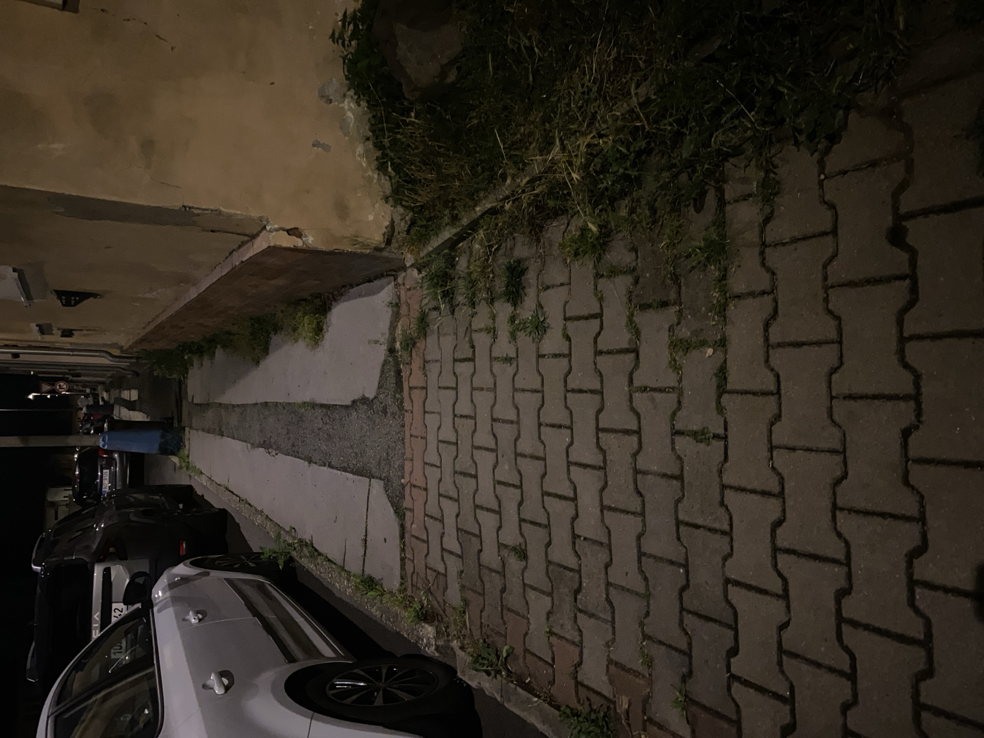 The image shows a sidewalk made of interlocking concrete pavers in Bílina, Czechia. To the left of the sidewalk, there are two cars parked along the street. The first car, closer to the foreground, is white. The second car is darker in color. The sidewalk is bordered on the right by a building with a light brown, weathered facade, and a red brick base. Overgrown grass and weeds are visible along the edge of the sidewalk and between the building and the sidewalk. A blue trash receptacle is visible further down the sidewalk. The scene appears to be from nighttime or early evening, indicated by the artificial lighting and shadows.