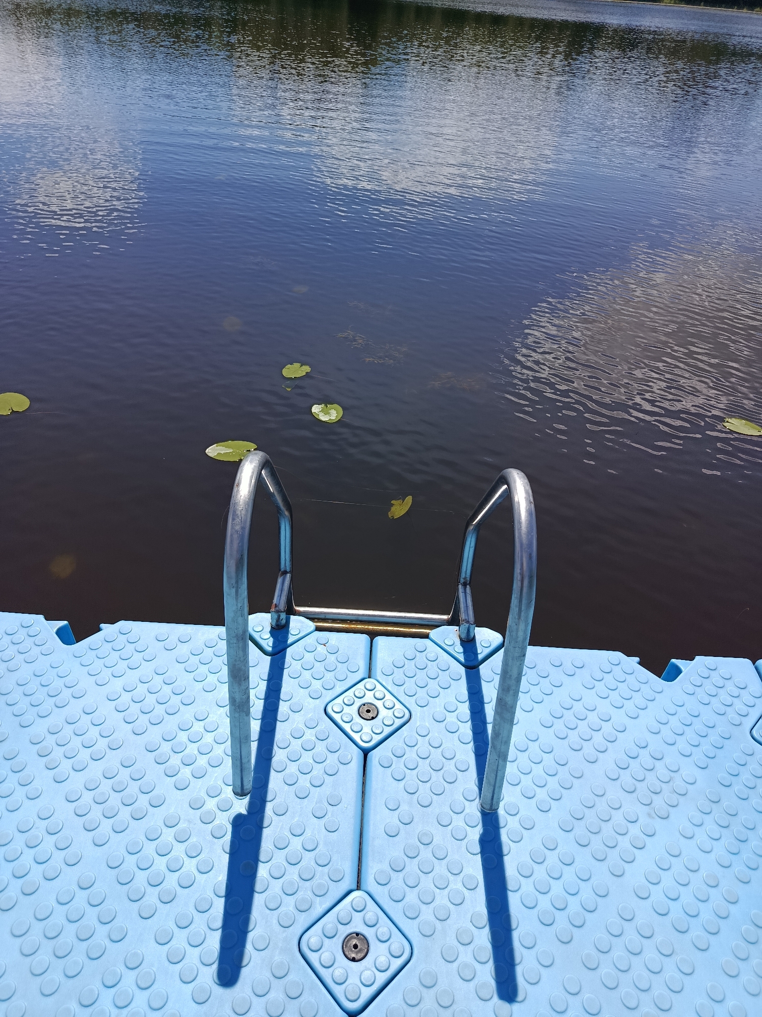 A floating dock made of interlocking blue plastic modules, featuring a textured surface with circular bumps, is positioned at the edge of a dark body of water. A metal ladder with silver handrails extends from the dock into the water. Several lily pads are visible on the surface of the water. The sky above is reflected in the water, showing clouds and blue sky. The scene is outdoors, likely in a natural setting, consistent with the location in Мяжанскі сельскі Савет, Belarus. There are no people visible in the image.