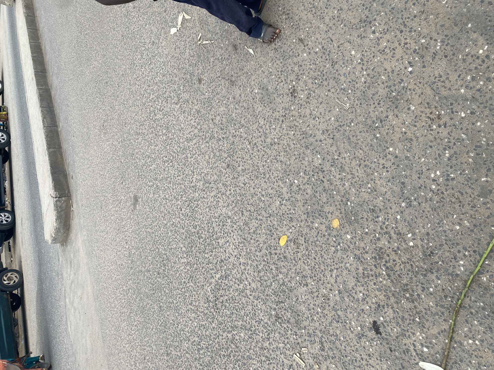 The image shows a section of a paved road in Jalingo, Nigeria. In the foreground, a person's legs are visible, wearing dark pants and a dark sandal on one foot, with the other foot bare. The person appears to be standing or sitting on the road, as debris is scattered around their feet. The road surface is asphalt with a textured finish, typical of many urban roads.
To the left of the road, there is a concrete curb and a sidewalk or paved area next to it. Parked vehicles are visible along the edge of the road, including what appears to be the wheels of a car and possibly a motorcycle or cart at the bottom of the frame. The scene suggests an outdoor, daytime setting. The lighting indicates it is likely daytime, though the time of day is not precise. There are no prominent clouds or weather indicators, suggesting fair weather.
Scattered on the road are small pieces of debris, including what look like dried leaves and paper fragments. Two small yellow-colored objects, possibly fallen leaves or petals, are visible on the road further down. A thin green stem, possibly from a plant, is also present on the right side of the frame. No text is visible in the image. The overall impression is of an ordinary street scene in an urban environment in Nigeria.