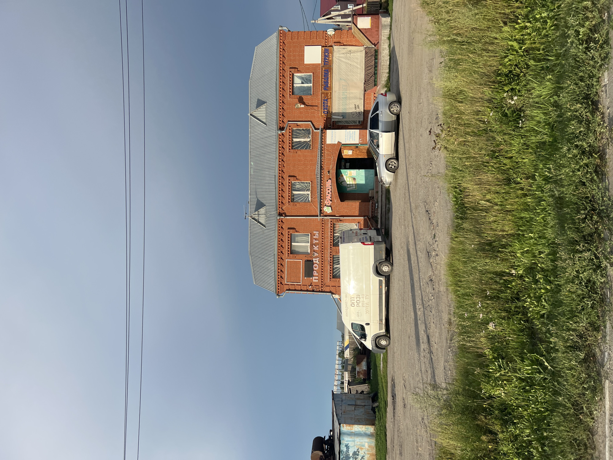 The image depicts a two-story brick building with a metal roof, identified by the sign "ПРОДУКТЫ" (Products) as a food store. The building has multiple windows, some with protective bars. A white delivery van is parked in front of the building, and a silver sedan is parked to its right. The area appears to be a rural or semi-rural setting, possibly in the city of Bolshoy Oyosh, Russia, given the context. The ground is unpaved, and there is tall grass and vegetation in the foreground. An adjacent corrugated metal structure is visible to the left of the main building. The sky is overcast with some darker clouds suggesting impending weather. No people are visible in the scene.