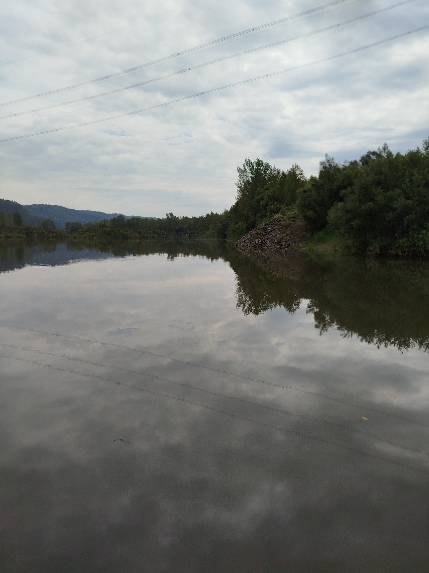 A reflective body of water occupies the majority of the foreground. The surface of the water mirrors the overcast sky and the tree-lined bank opposite. Several power lines stretch horizontally across the upper portion of the image, their reflections visible in the water below. The far bank is densely covered with green trees, with a rocky embankment on the right side. In the distance, a low, tree-covered mountain range is visible under a cloudy sky. The scene depicts a natural landscape along a river or lake, with man-made power lines overhead. The location is identified as Зеленогорский, Russia.