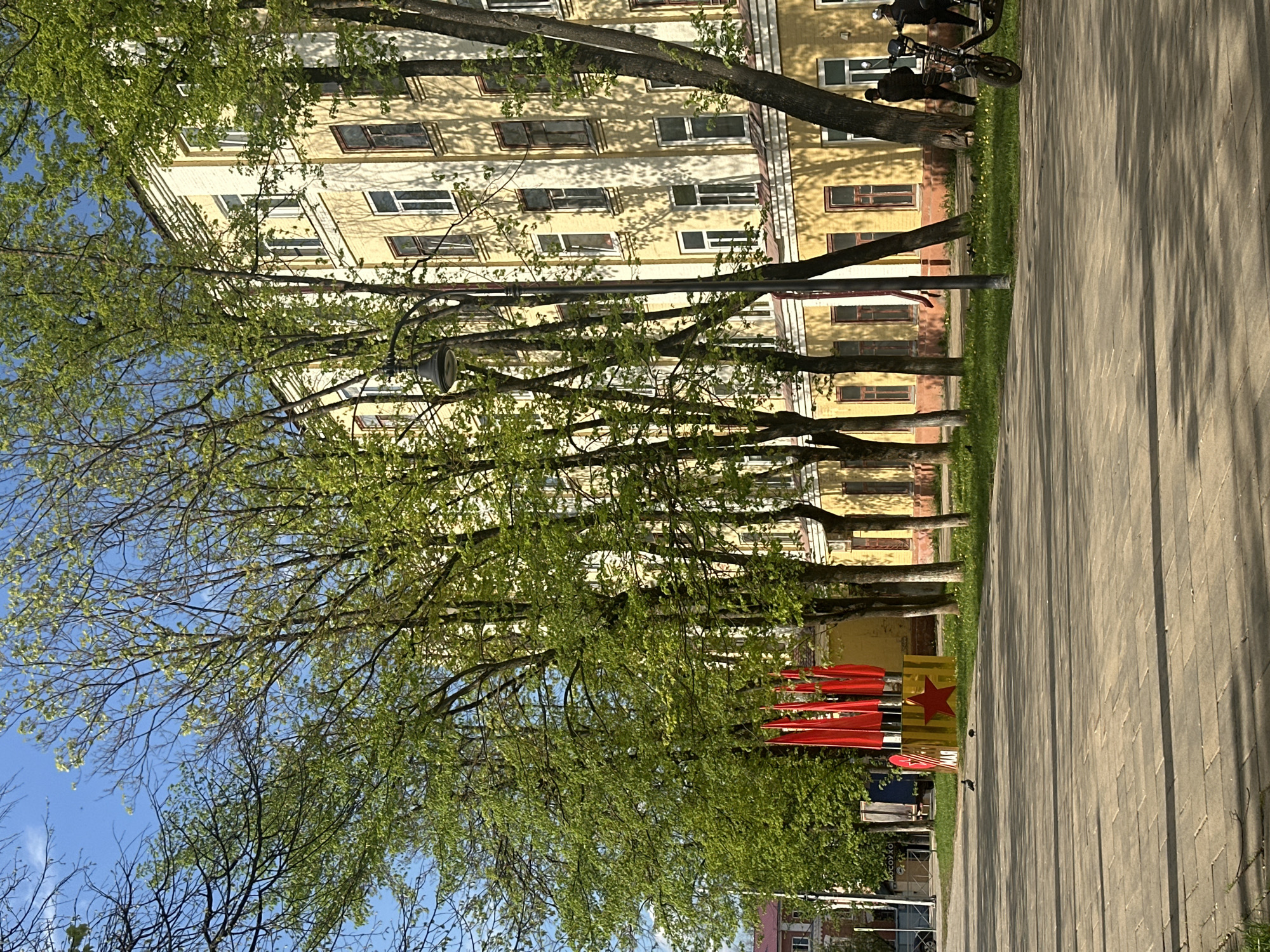 The image depicts a street scene in Naro-Fominsk, Russia. A sidewalk runs along the right side of the frame, casting shadows from trees on the left. Parallel to the sidewalk is a line of trees with fresh green foliage, partially obscuring a yellow building with multiple windows. In front of the trees, there is a set of red flags with a yellow star on the front flag. In the upper right corner, a parked bicycle is visible. A person is walking in the background near the bike. The sky is blue and visible through the branches of the trees.