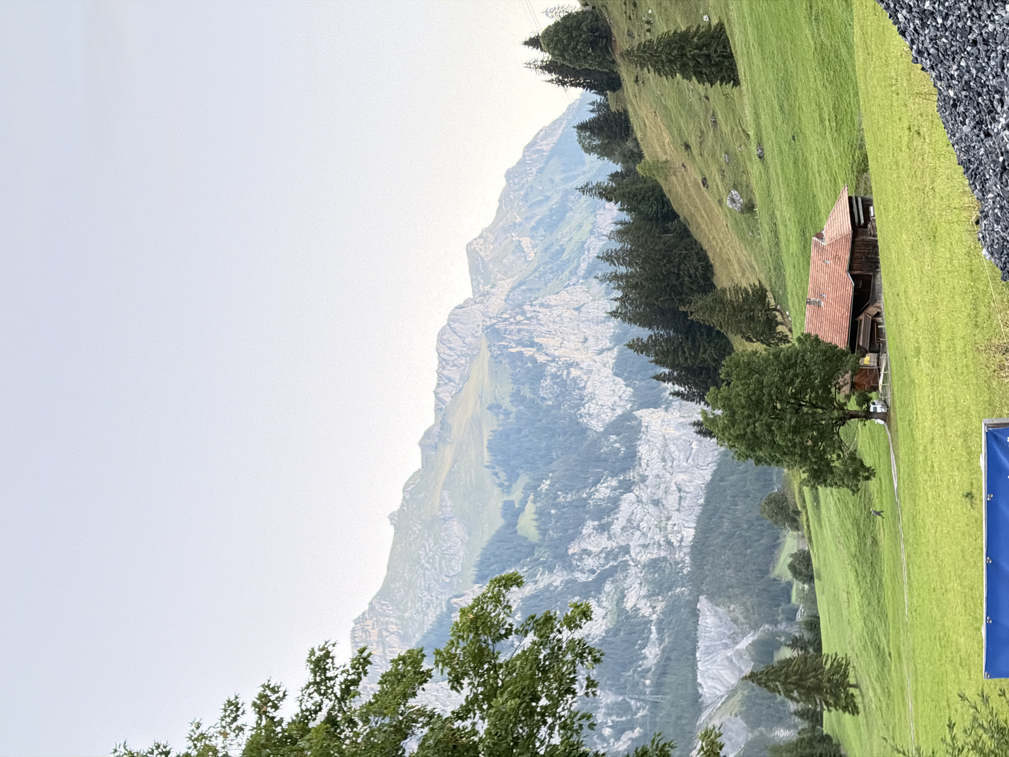 The image depicts a panoramic view of the Swiss Alps, likely in the vicinity of Kandersteg, Switzerland, characterized by lush green meadows, dense pine forests, and imposing rocky mountain peaks under a pale, overcast sky. In the foreground, a portion of a gravel pile is visible on the right side, and a bright blue banner is partially seen at the bottom. A cluster of trees, some deciduous and others coniferous, are scattered across the landscape.
Dominating the mid-ground is a rustic wooden house with a red tiled roof, nestled on a gently sloping green hillside. A white vehicle is parked to the right of the house, and a lone figure is walking on a path in the meadow in front of the house. Further back, the mountains rise dramatically, with layers of rocky cliffs and dark green forests covering their slopes. The sheer scale of the mountains suggests their geological significance and the rugged terrain of the region. The overall atmosphere is serene and natural, highlighting the beauty of the alpine environment.