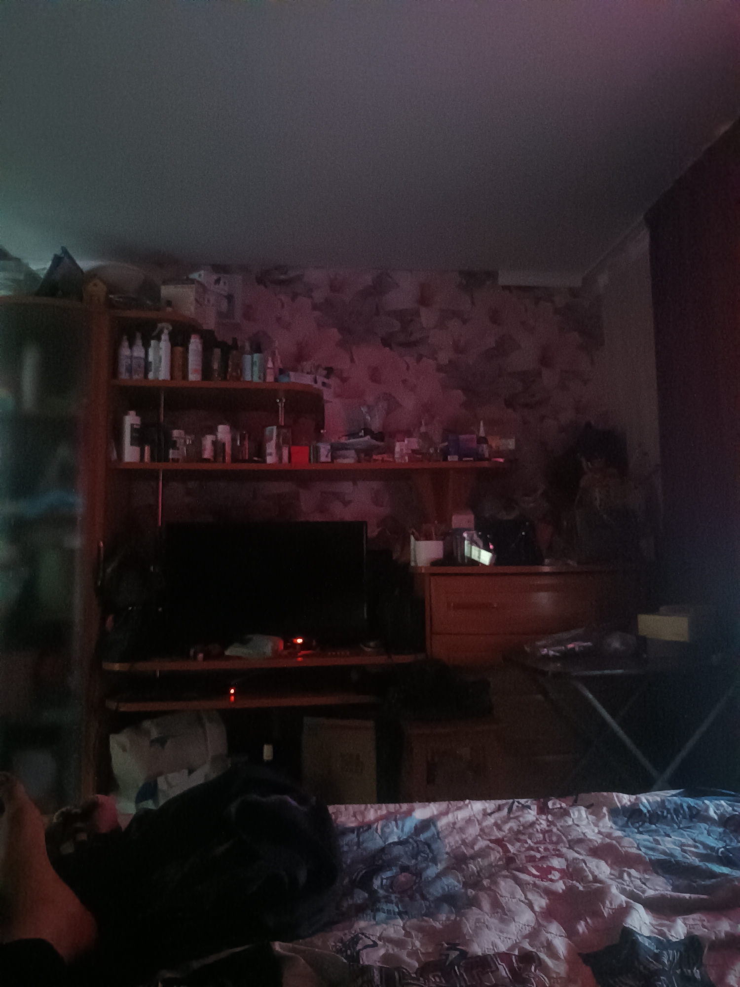 The image depicts an indoor scene, possibly a bedroom, with a bed in the foreground covered by a patterned comforter. To the left, a portion of a person's leg and foot is visible, suggesting they are lying on the bed. In the background, a television is placed on a shelf unit, and above it, shelves are filled with various bottles and containers, likely toiletries or cleaning supplies. A dresser with a wooden top is situated below the shelves. The walls are adorned with a patterned wallpaper. The lighting in the room is dim, with a pinkish hue cast by an unseen light source. The overall environment appears to be a cluttered living space. No specific location in Klyuchi, Russia, can be identified from the image.