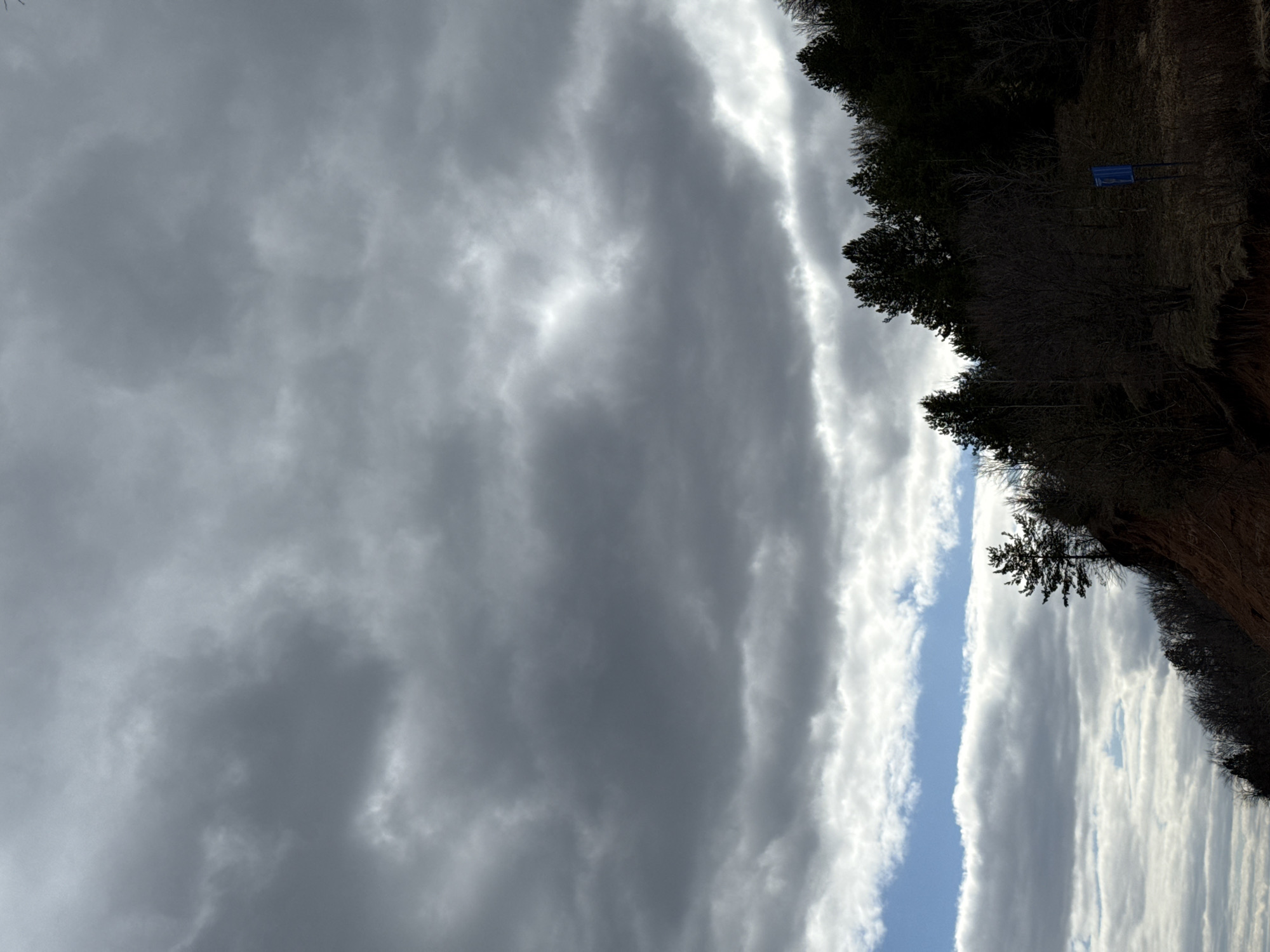 The image shows a view of the sky with a thick cloud cover, partially revealing the blue sky in a narrow strip. On the right side, there's a dark, silhouetted treeline and a cliff. A small blue sign is visible among the trees. The location is possibly in or near Галево, Russia, based on the image prompt's geographical reference.