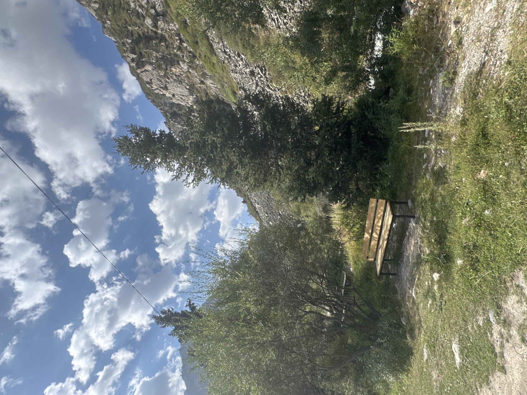 A wooden bench sits on a gravel path in a mountainous area. Tall green trees and rocky slopes are visible in the background, with a bright blue sky dotted with white clouds overhead. There are no people present.