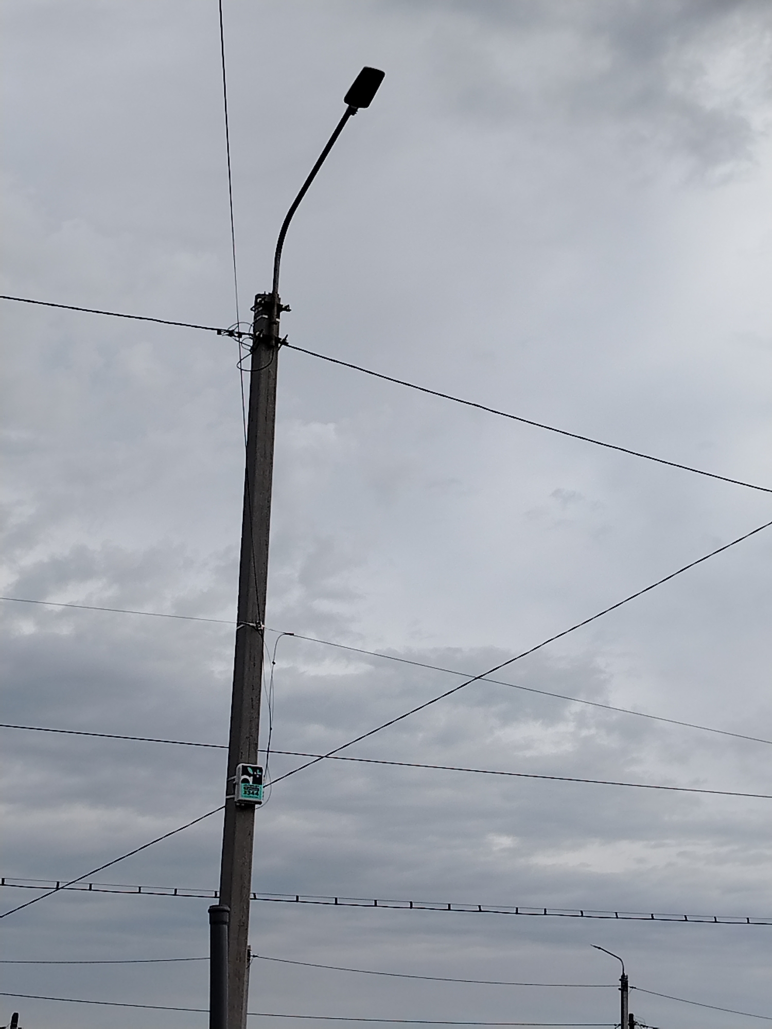 The image shows a concrete utility pole with a streetlamp attached to its curved arm, against a cloudy grey sky. Several dark electrical wires crisscross the frame, some attached to the pole. A small, white rectangular box with a green label and black text is mounted on the pole, approximately one-third of the way down from the top. The label on the box appears to have a drawing of an animal and the number "13344". The scene is likely an outdoor urban or suburban environment in Ekibastuz, Kazakhstan, indicated by the typical construction of utility poles and the presence of electrical infrastructure. There are no people visible in the image.