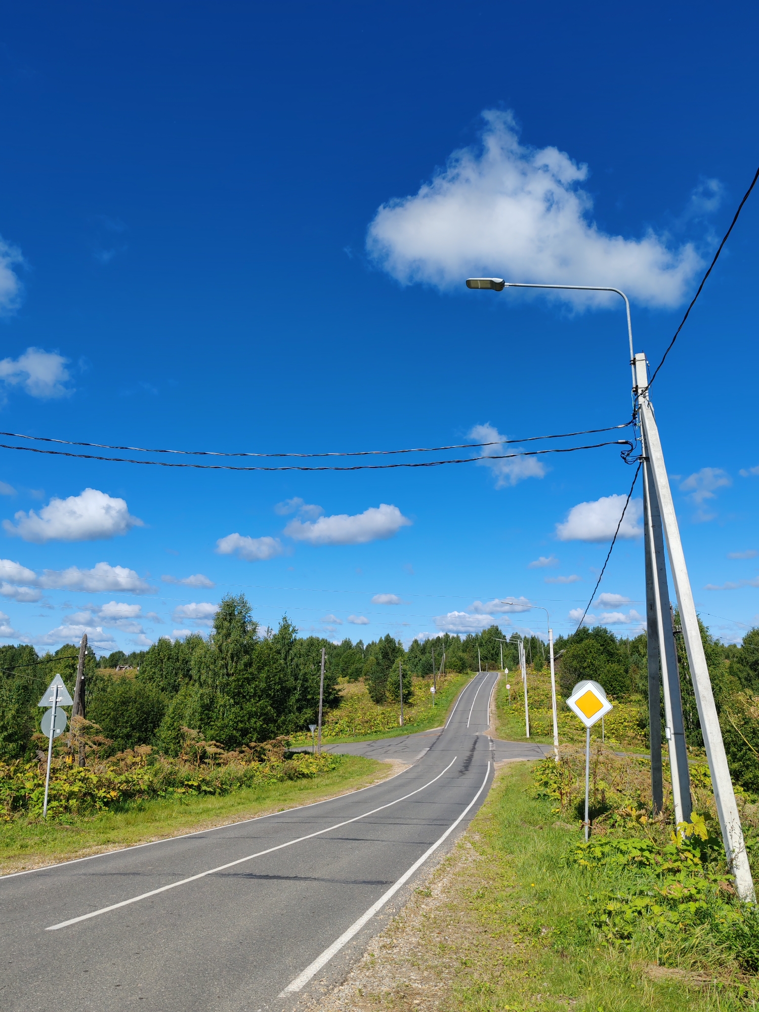 This image depicts a paved road winding through a rural landscape under a clear blue sky dotted with white cumulus clouds. The road is bordered by lush green grass and vegetation, with a dense forest of deciduous trees and some taller evergreens in the background. Several utility poles with electrical wires are visible along the roadside. One prominent pole, made of concrete, stands on the right side of the frame, supporting a street lamp and electrical connections. Several road signs are also present: a yield sign with a white border and yellow diamond shape is visible on the right, and a sign with a white triangle on a blue background is on the left. The road appears to be in the vicinity of Чухлэм, Russia, given the architectural style of the utility poles and the natural vegetation, which are typical of the region. No people or animals are present in the image. The lighting suggests it is daytime, likely mid-morning or afternoon, due to the bright sunlight and clear visibility.
